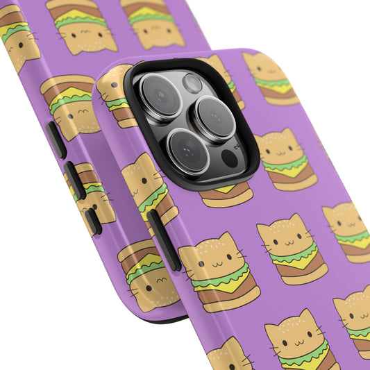 Kawaii Cat Burger Pattern Purple Background Cute Tough Phone Case | Food