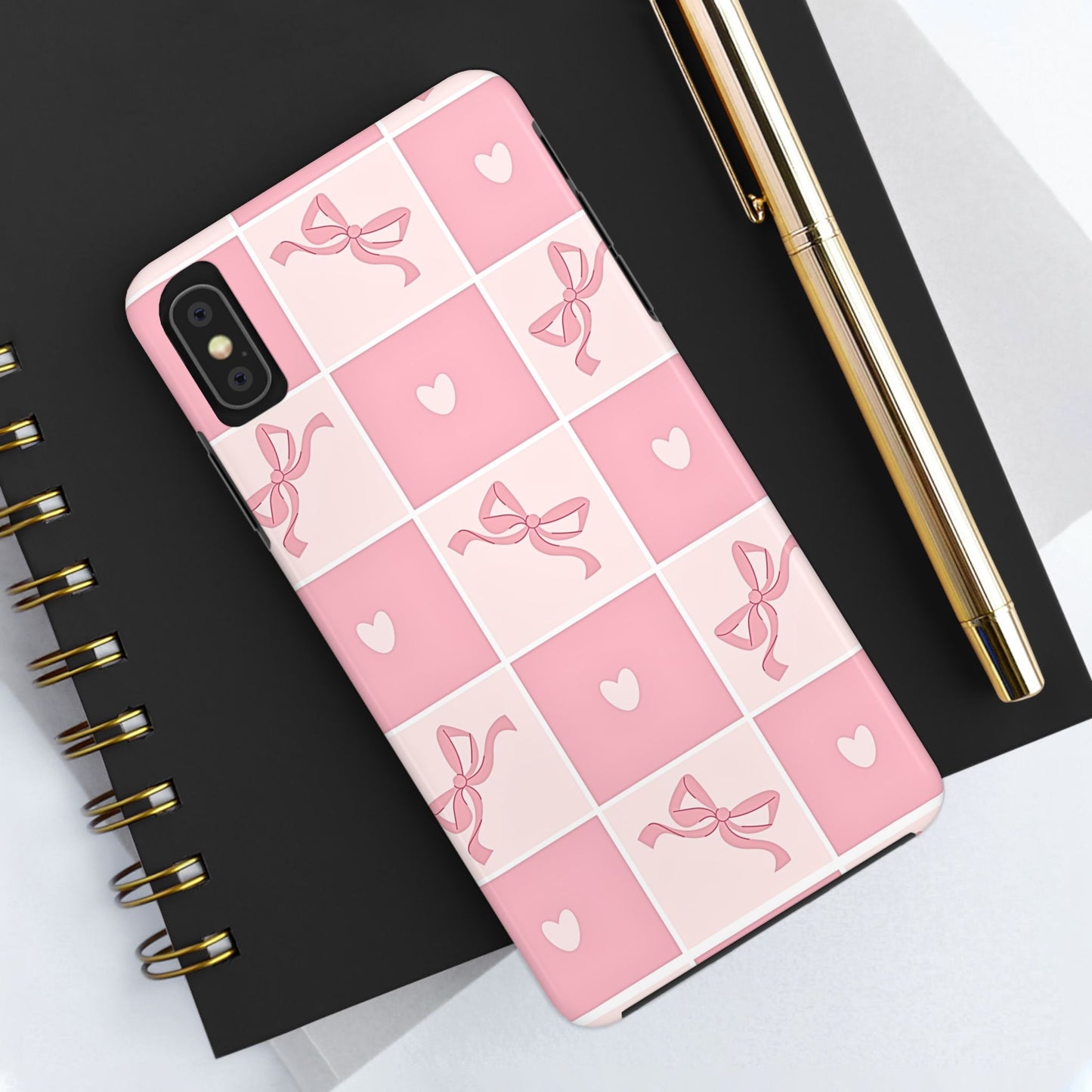 Girly Pink Bow and Heart Grid Pastel Tough Phone Case | Aesthetic