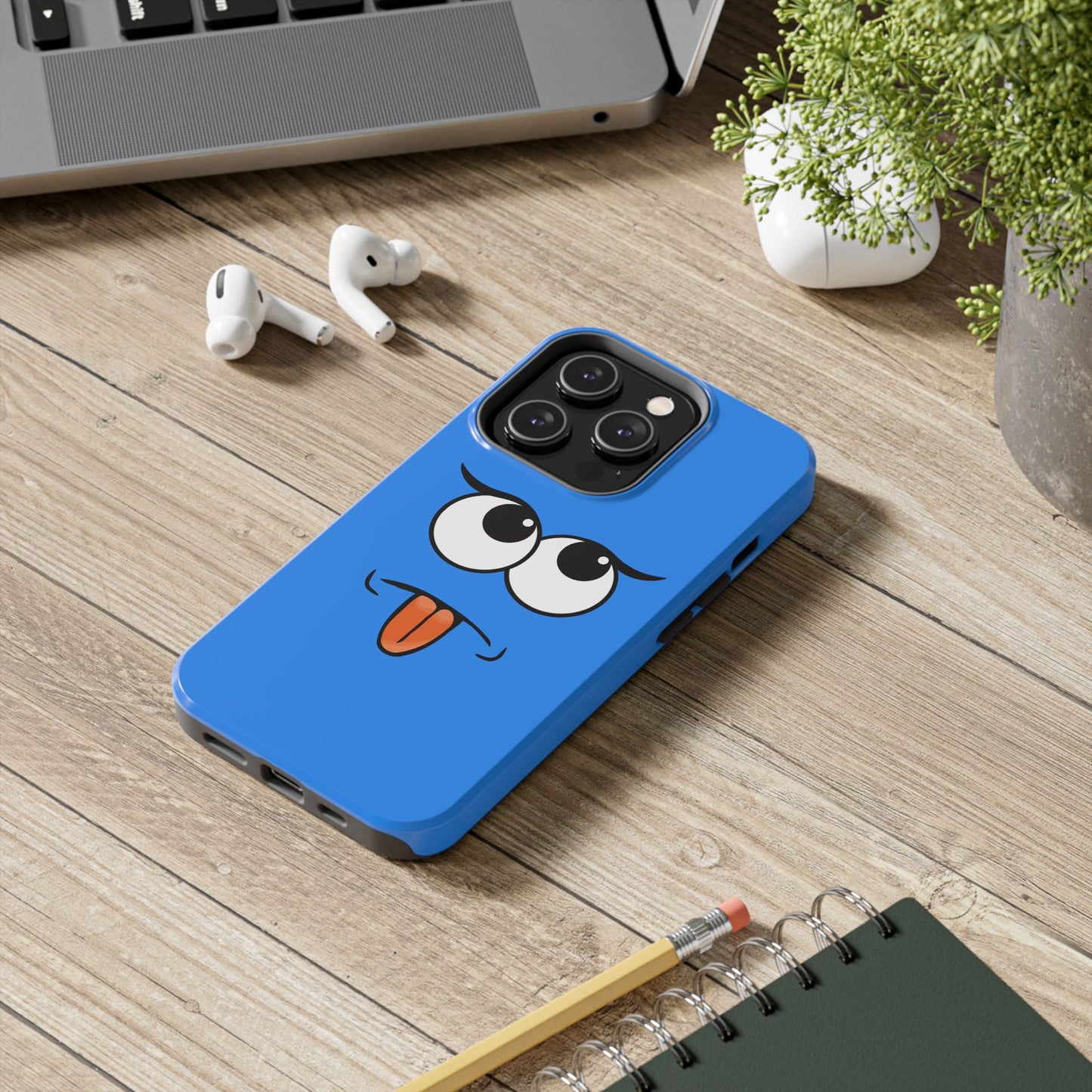 Silly Tongue Out Cartoon Face Blue Background Tough Phone Case | Funny