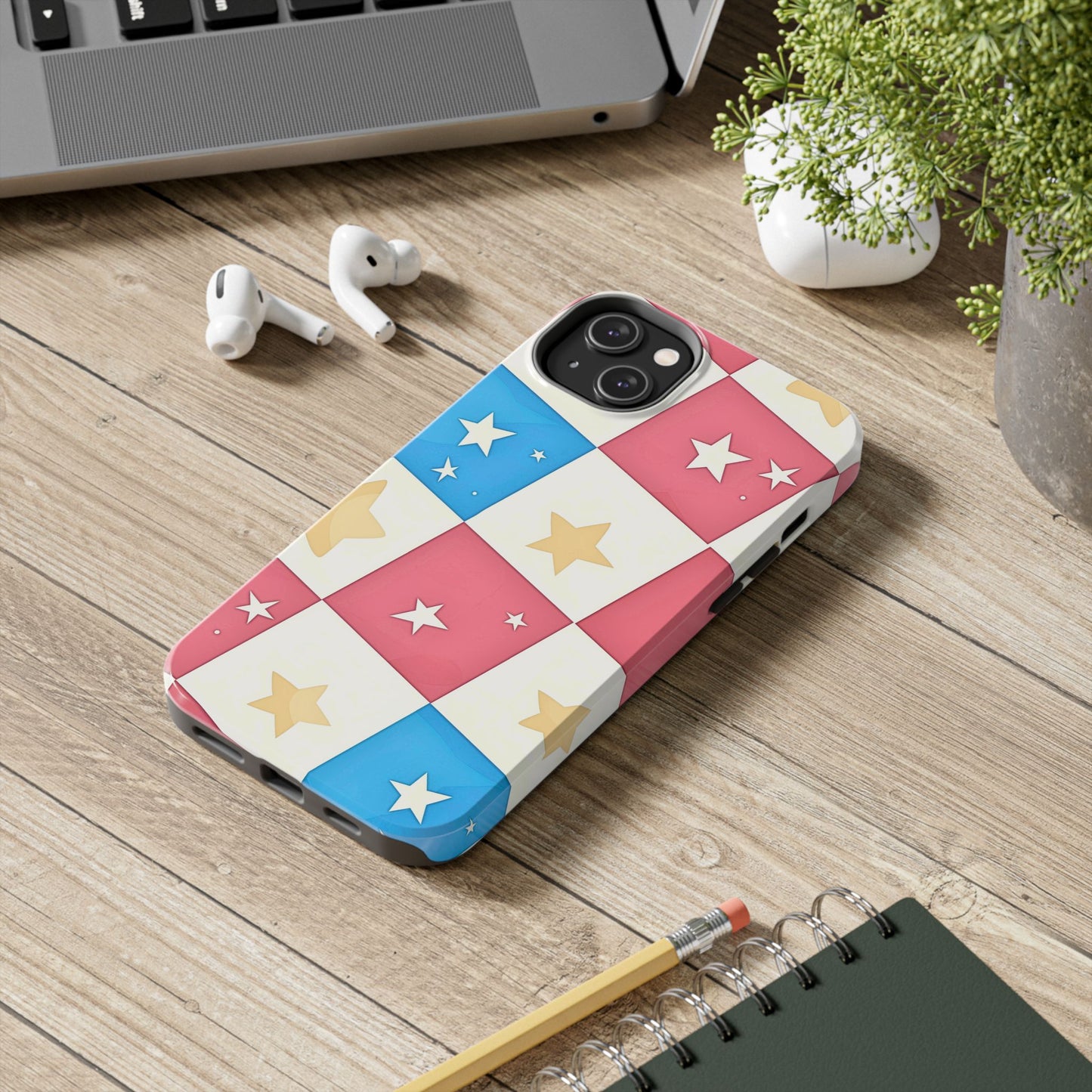Preppy Checkered Pink & Blue Yellow Stars Tough Phone Case | Aesthetic
