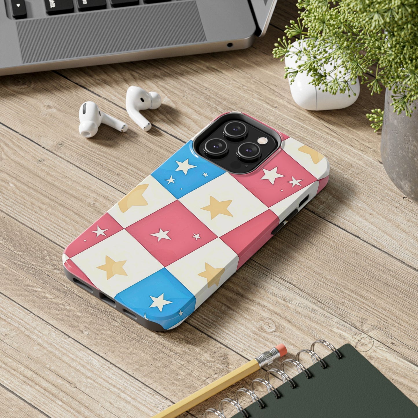 Preppy Checkered Pink & Blue Yellow Stars Tough Phone Case | Aesthetic
