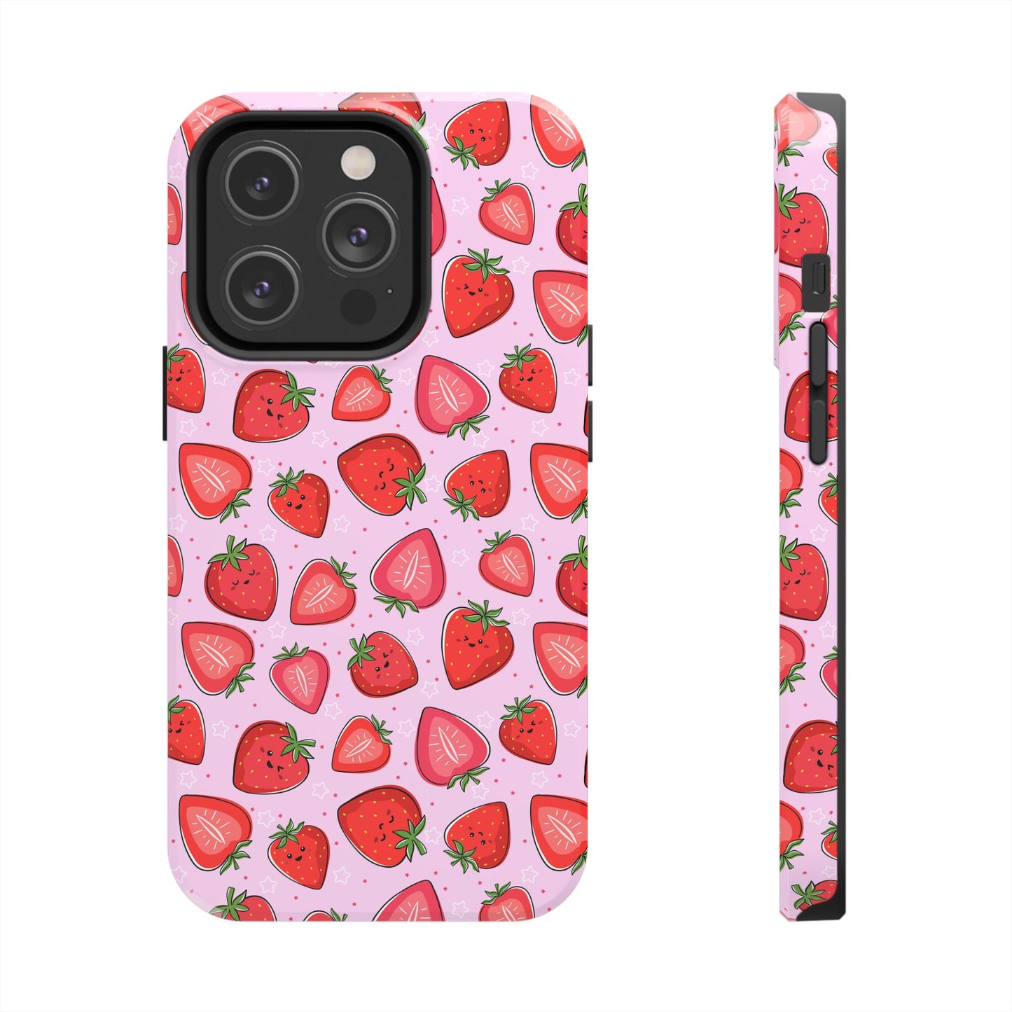 Kawaii Strawberry Cartoon Pattern Pink Aesthetic Tough Phone Case | Food