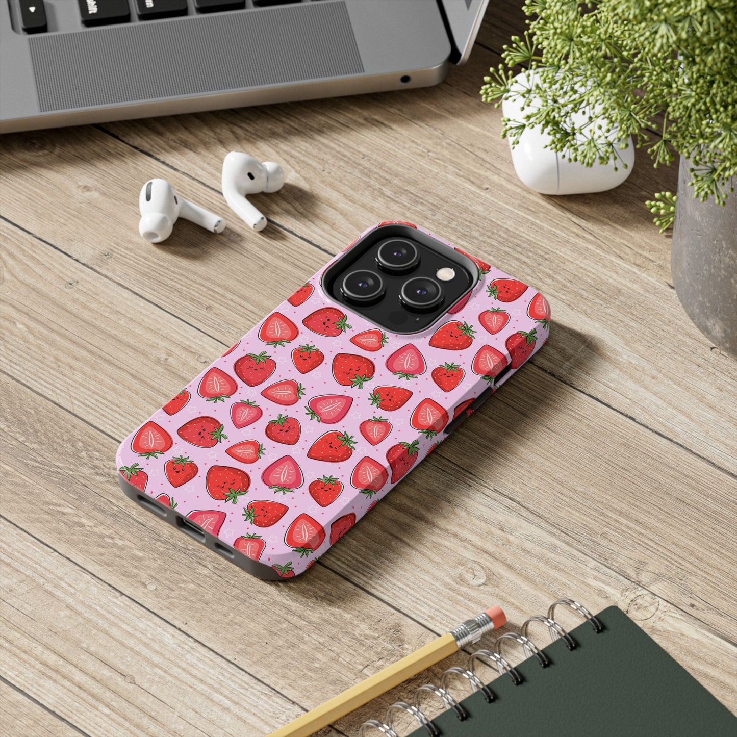 Kawaii Strawberry Cartoon Pattern Pink Aesthetic Tough Phone Case | Food