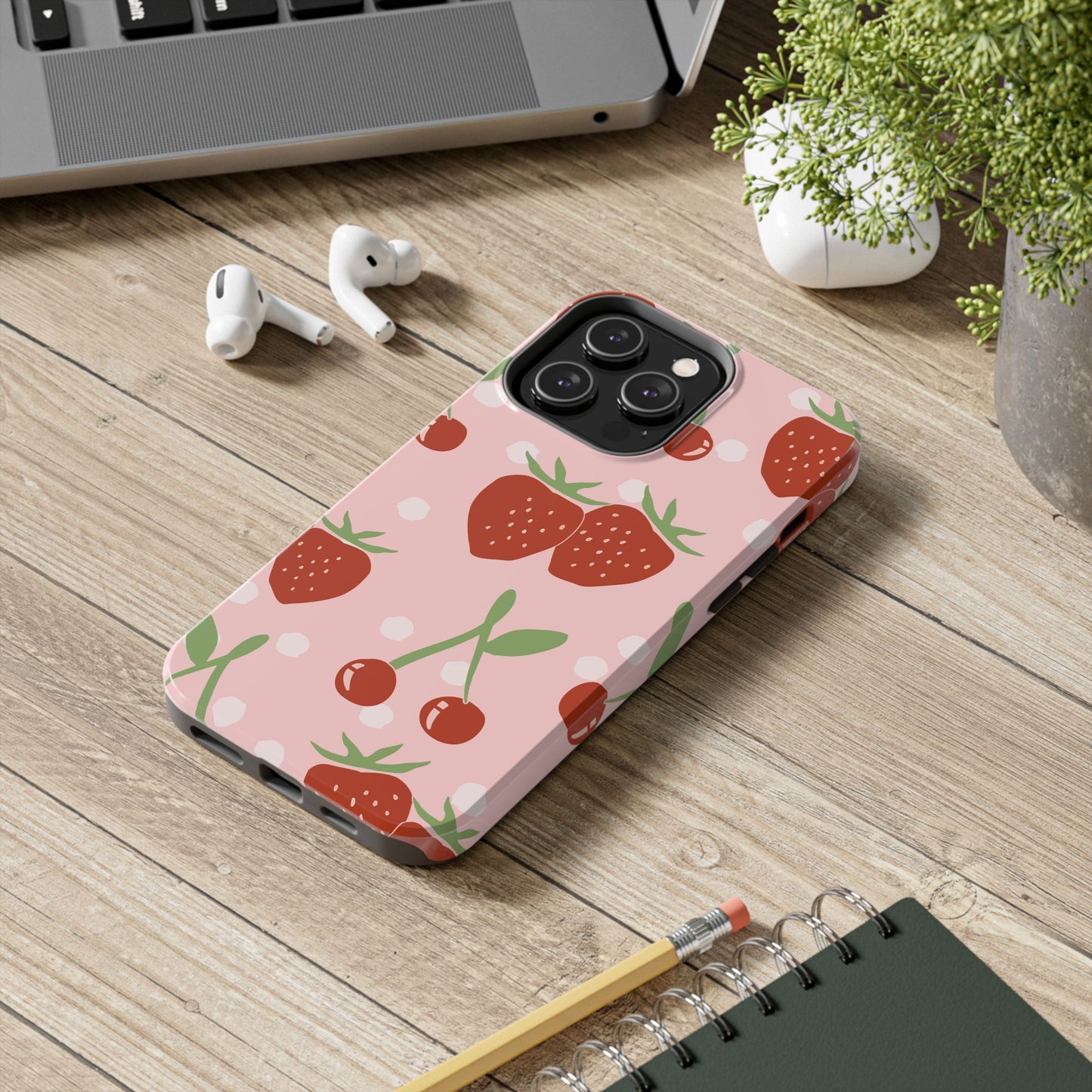 Cute Pink and Red Cherry and Strawberry Tough Phone Case | Food