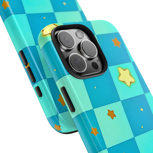 Vibrant Preppy Checkered Blue & Yellow Stars Tough Phone Case | Aesthetic