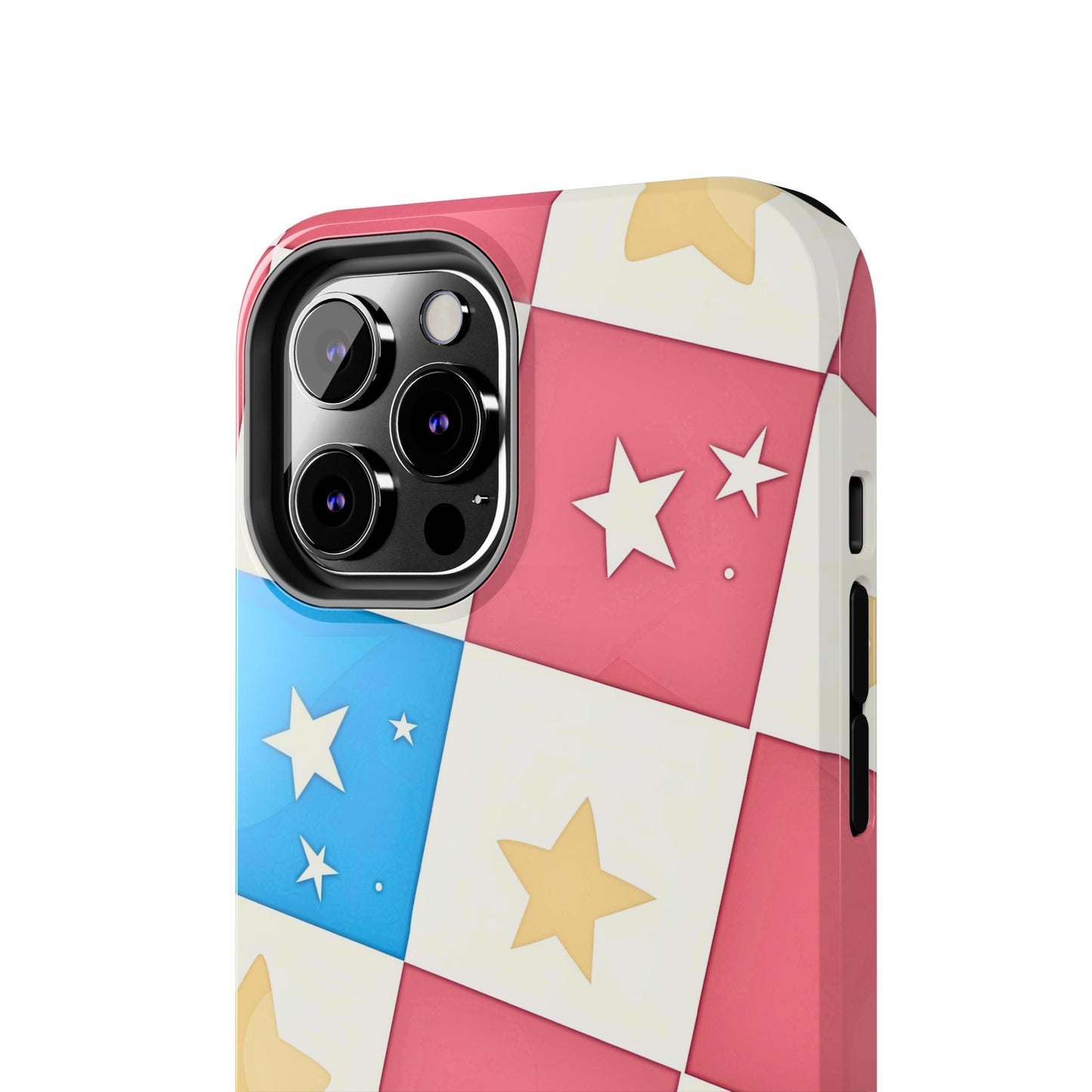 Preppy Checkered Pink & Blue Yellow Stars Tough Phone Case | Aesthetic