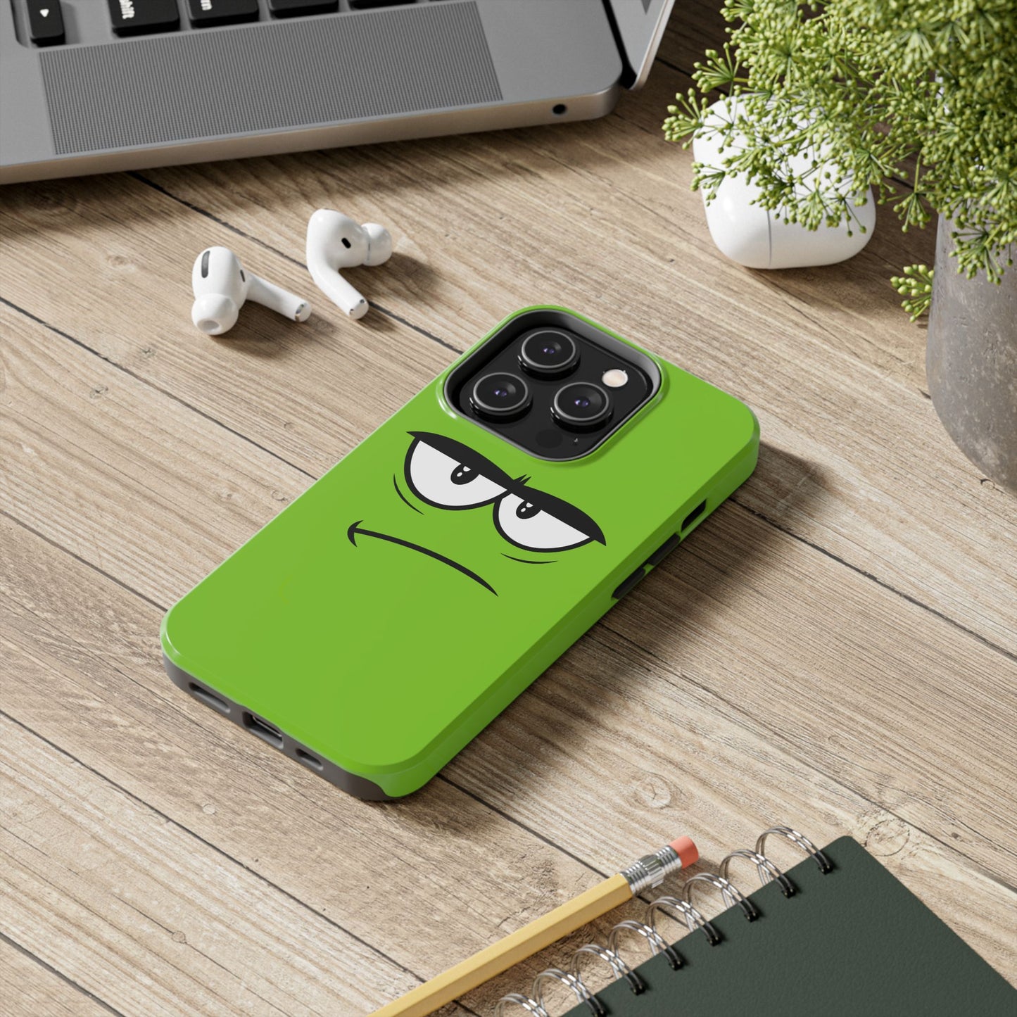 Grumpy Mood Face Green Background Funny Expression Tough Phone Case | Funny