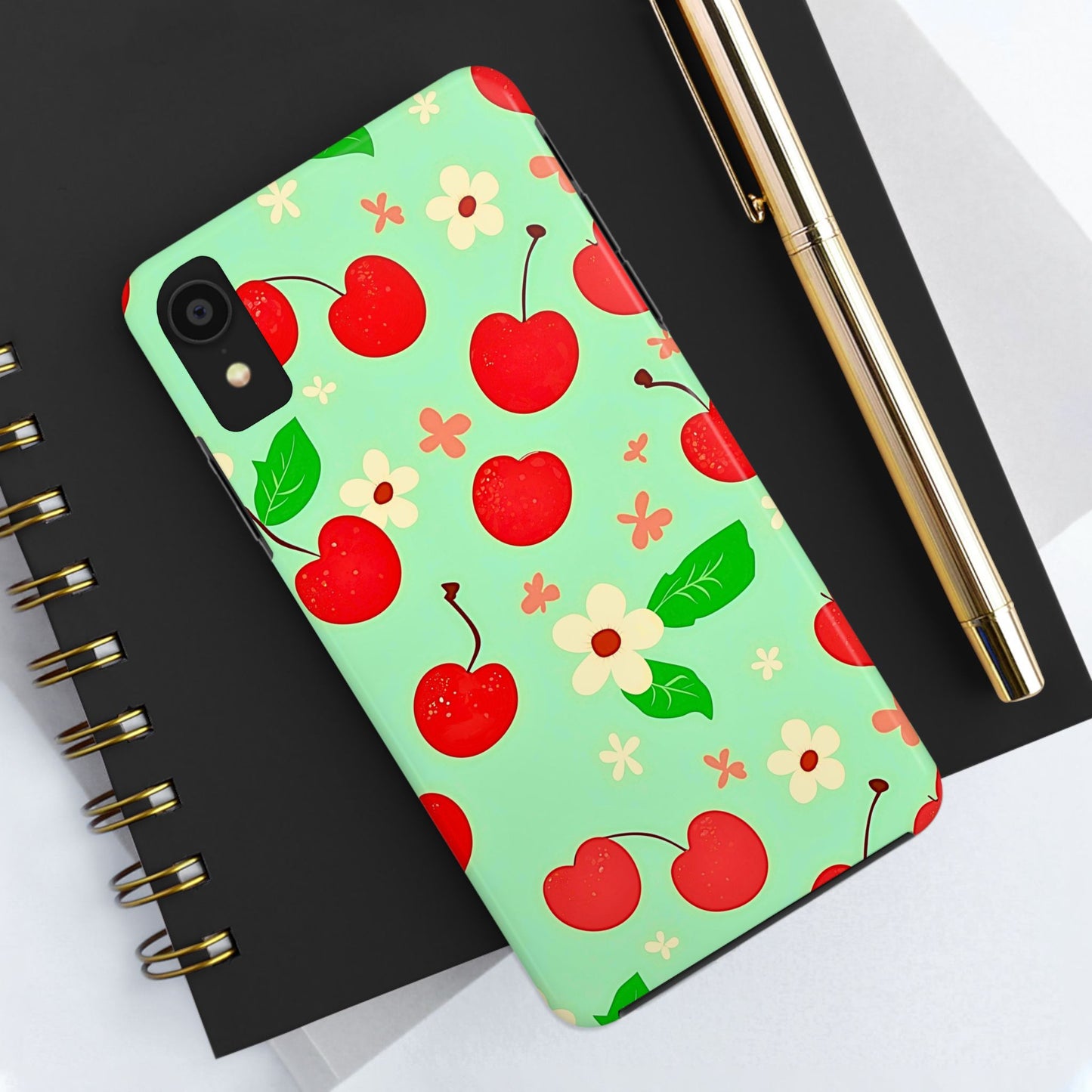 Cute Cherry Flower Pattern Mint Tough Phone Case | Aesthetic
