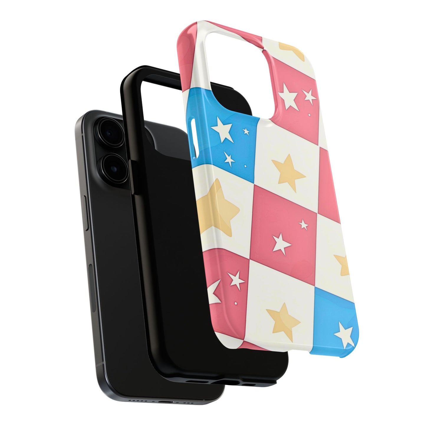 Preppy Checkered Pink & Blue Yellow Stars Tough Phone Case | Aesthetic
