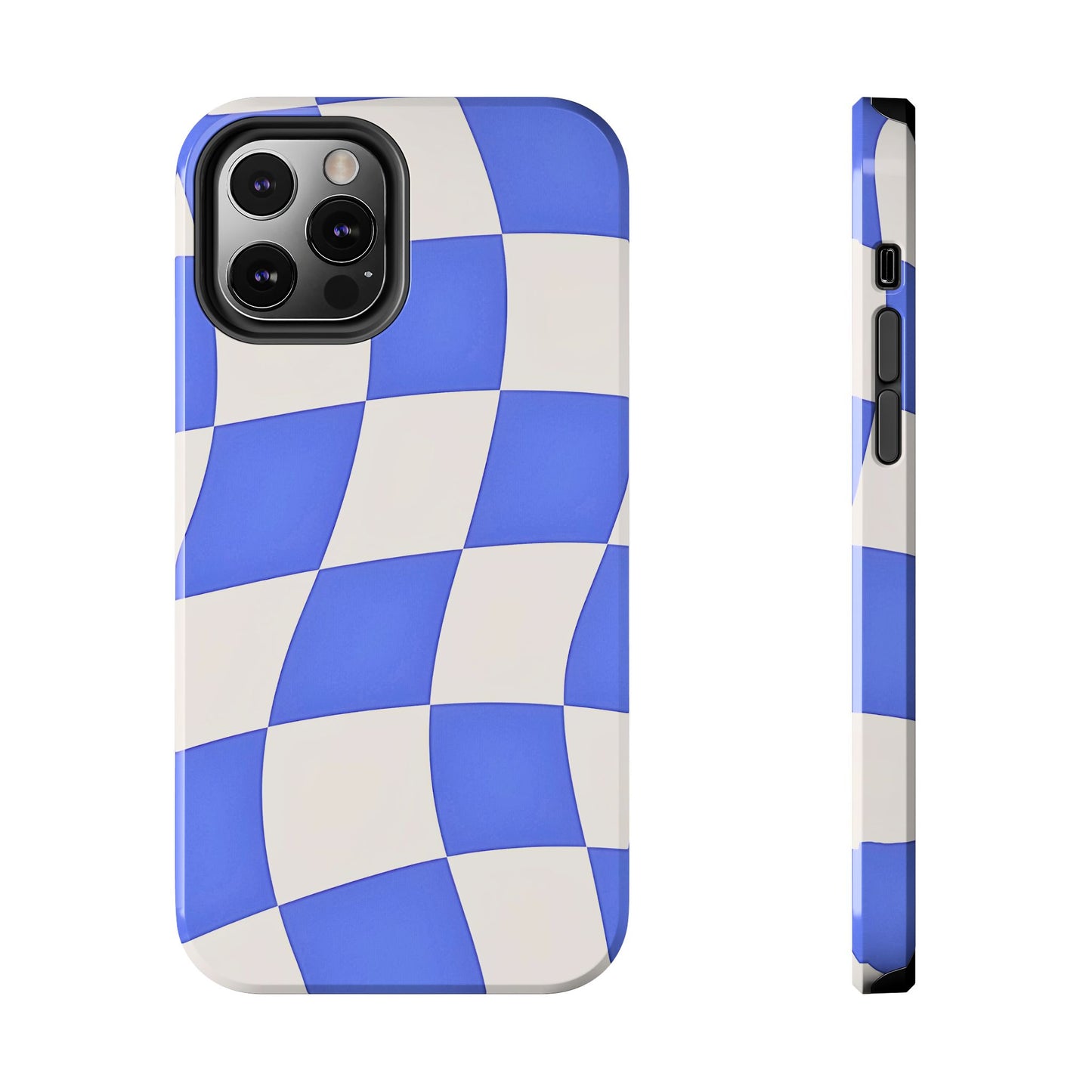 Funda resistente para teléfono con estampado ondulado de cuadros azules | Estética