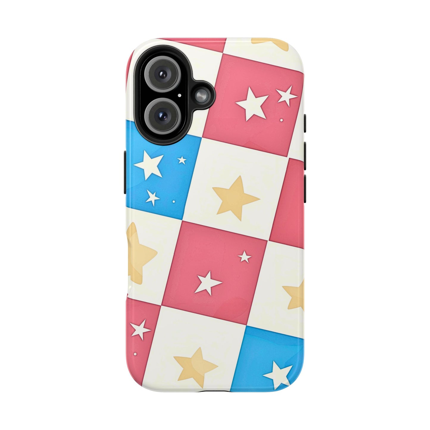 Preppy Checkered Pink & Blue Yellow Stars Tough Phone Case | Aesthetic