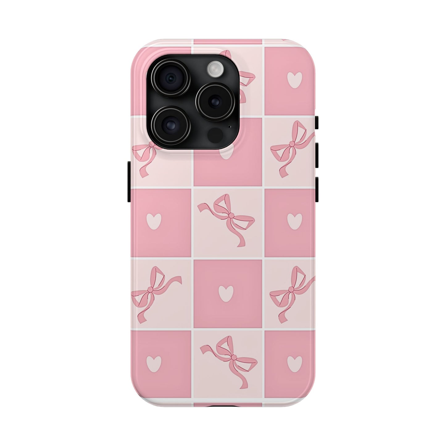 Girly Pink Bow and Heart Grid Pastel Tough Phone Case | Aesthetic