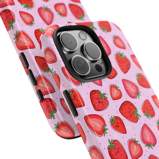 Kawaii Strawberry Cartoon Pattern Pink Aesthetic Tough Phone Case | Food
