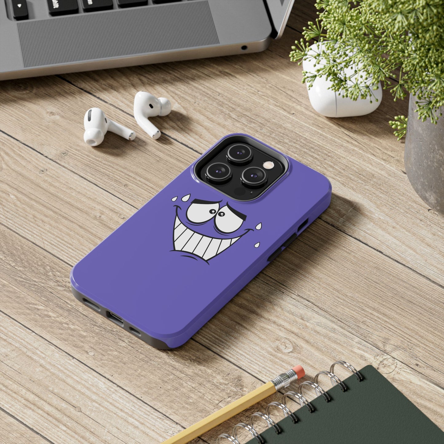 Awkward Nervous Cartoon Face Purple Background Tough Phone Case | Funny