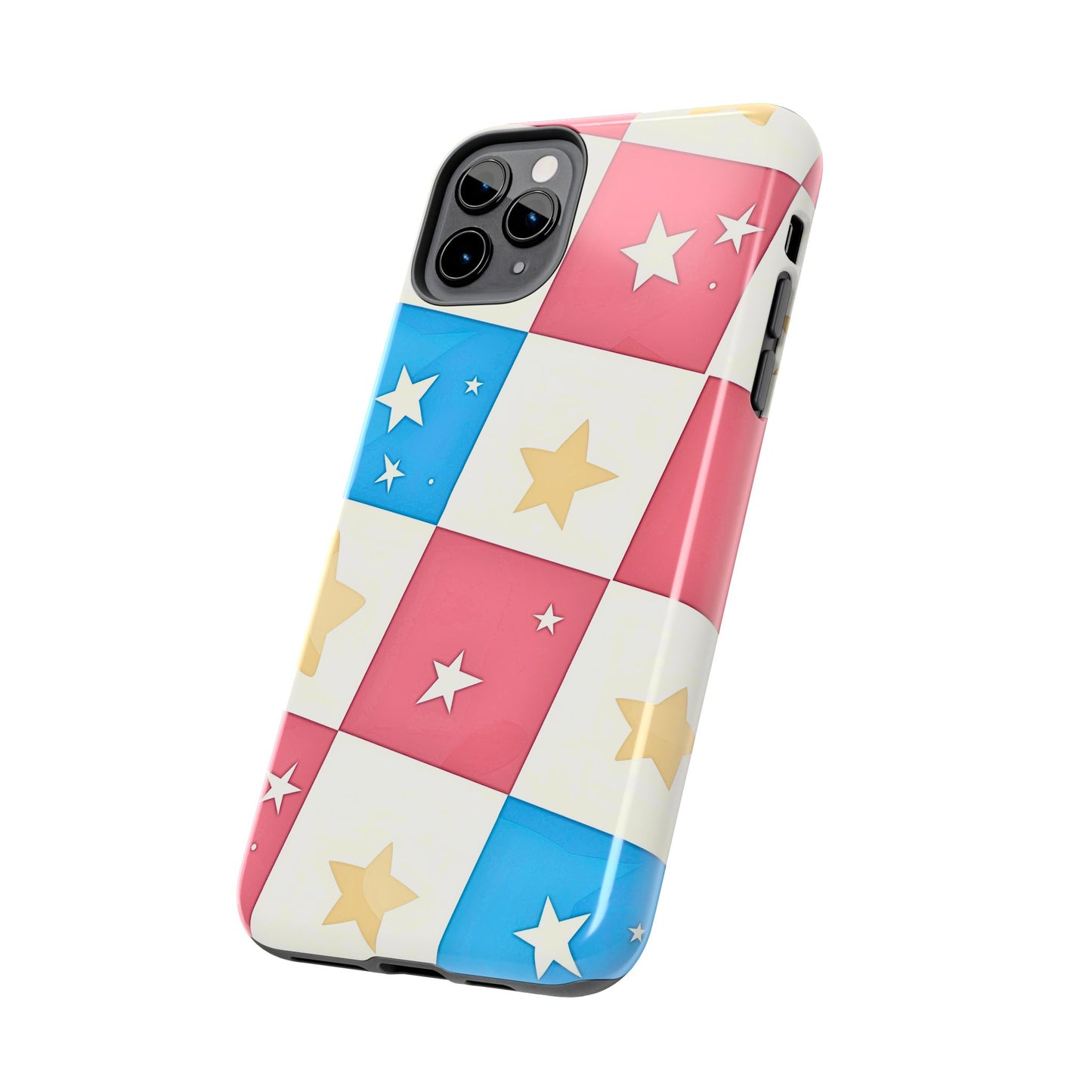 Preppy Checkered Pink & Blue Yellow Stars Tough Phone Case | Aesthetic