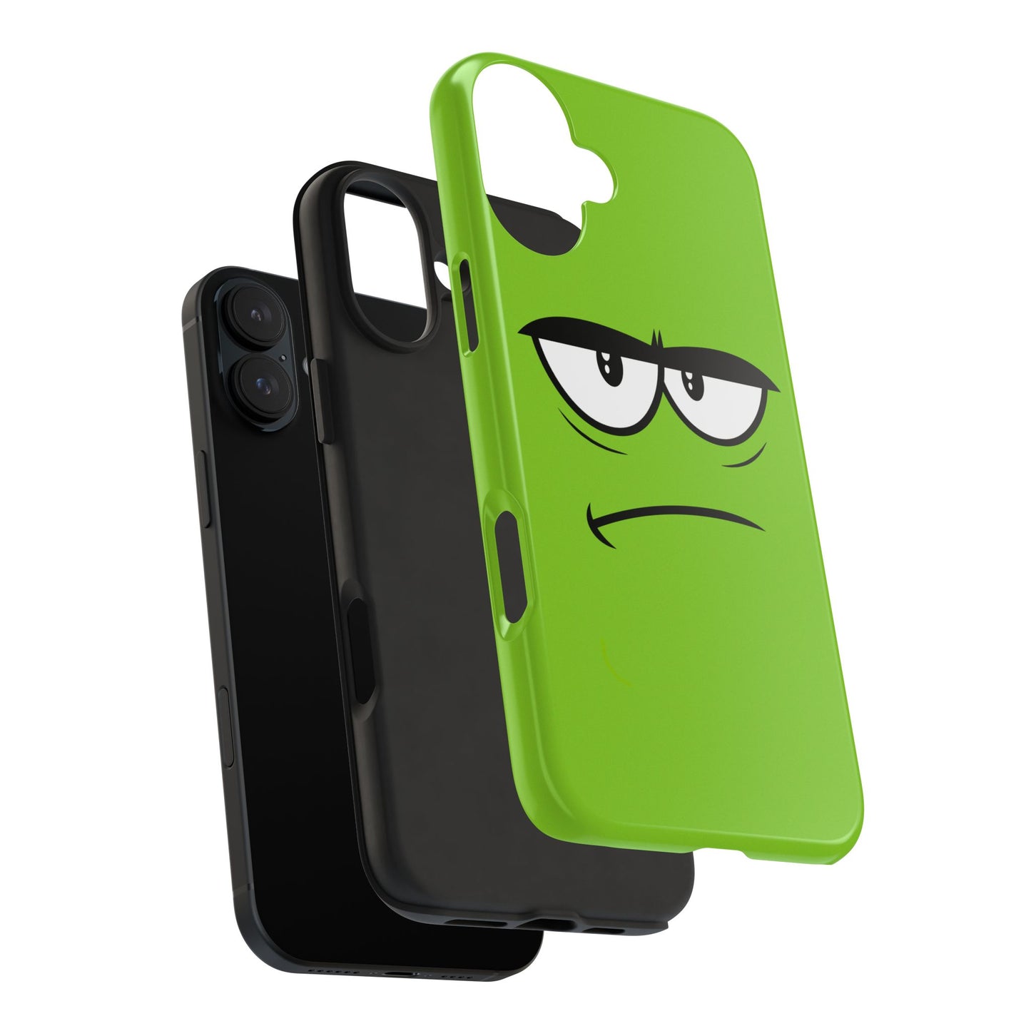 Funda rígida para teléfono con cara de mal humor, fondo verde y expresión divertida | Divertida