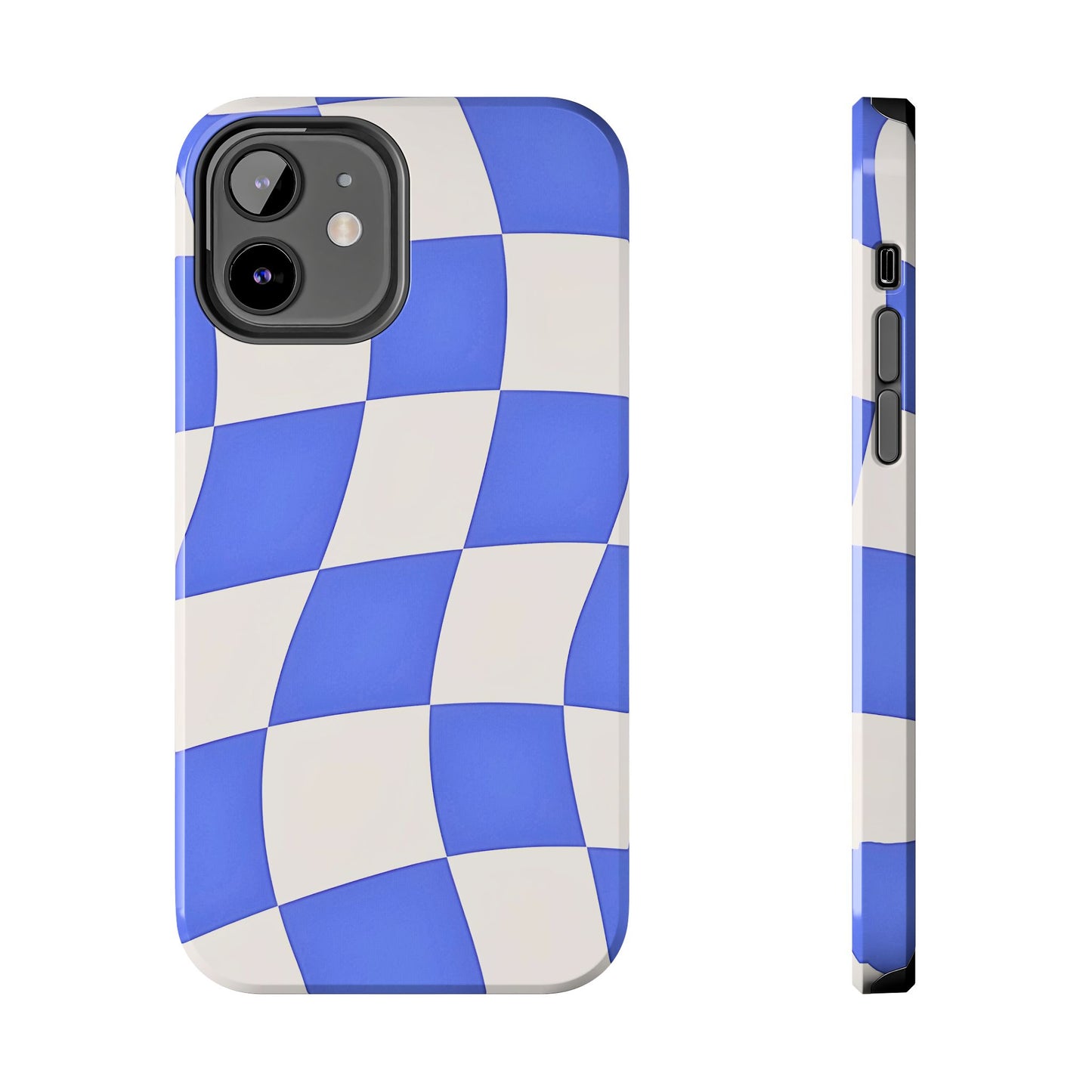 Funda resistente para teléfono con estampado ondulado de cuadros azules | Estética