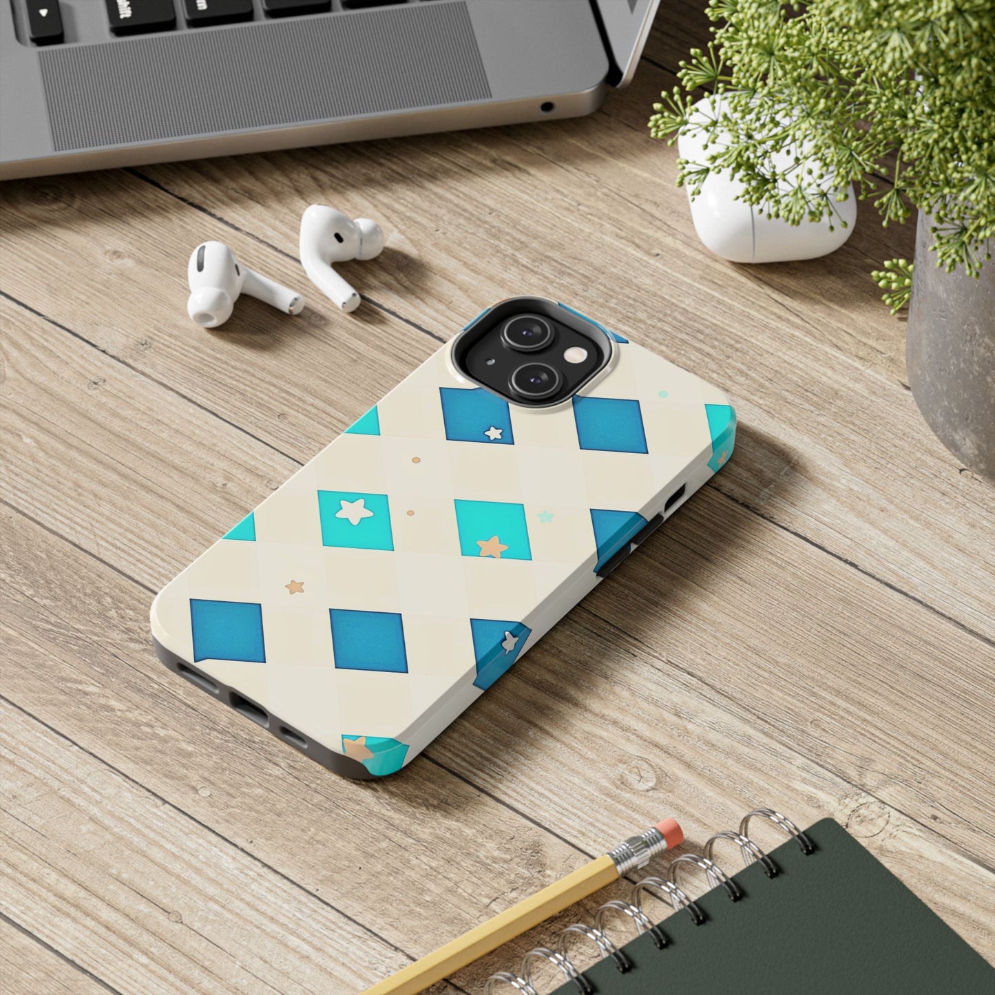 Modern Preppy Checkered Teal Stars Tough Phone Case | Aesthetic
