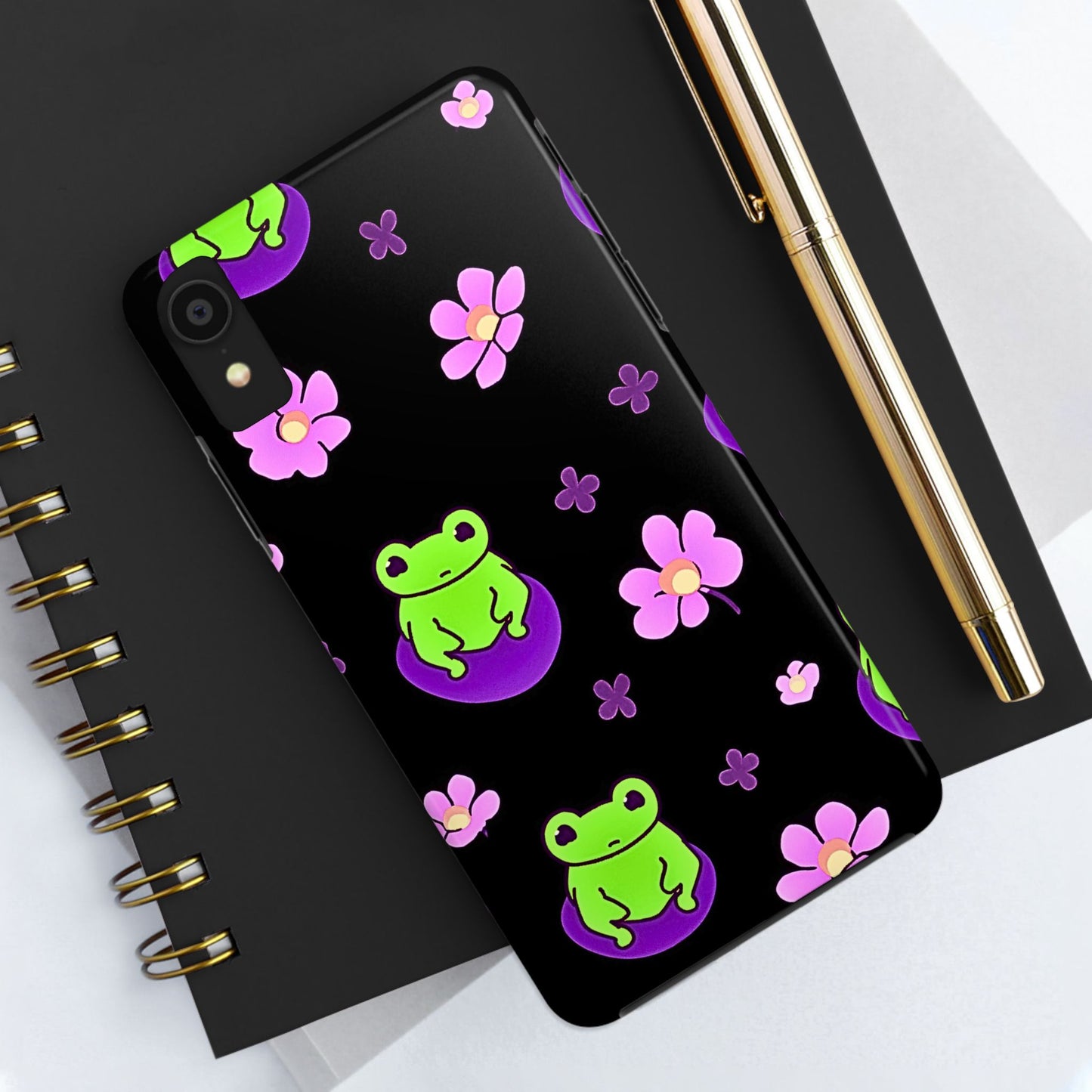Cute Frog & Pink Flowers Pattern Style Tough Phone Case | Animals