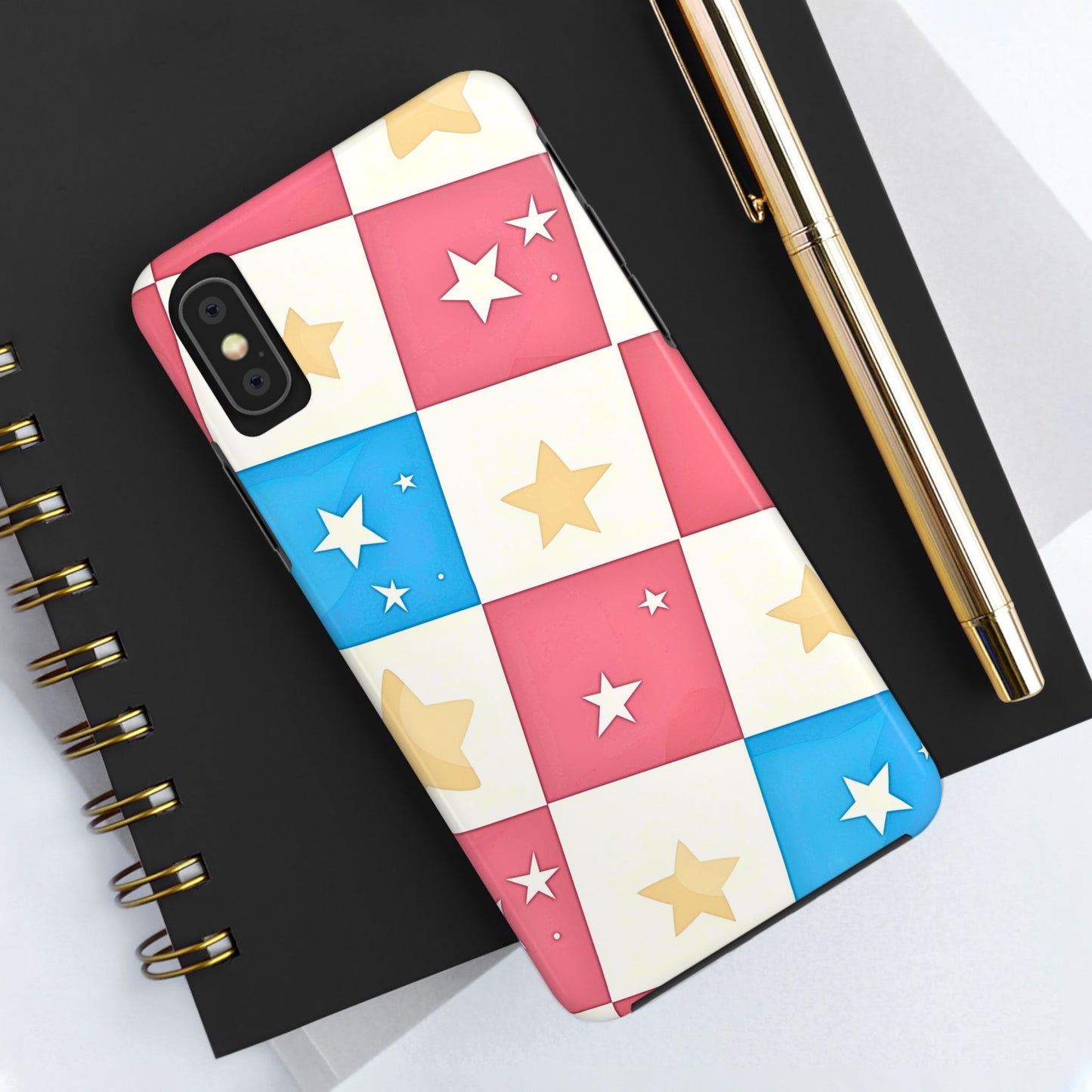 Preppy Checkered Pink & Blue Yellow Stars Tough Phone Case | Aesthetic