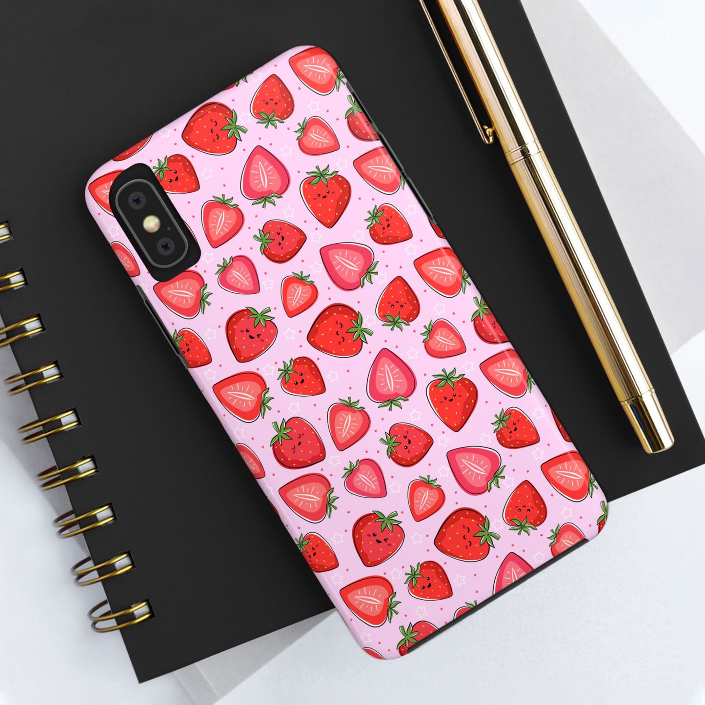 Kawaii Strawberry Cartoon Pattern Pink Aesthetic Tough Phone Case | Food