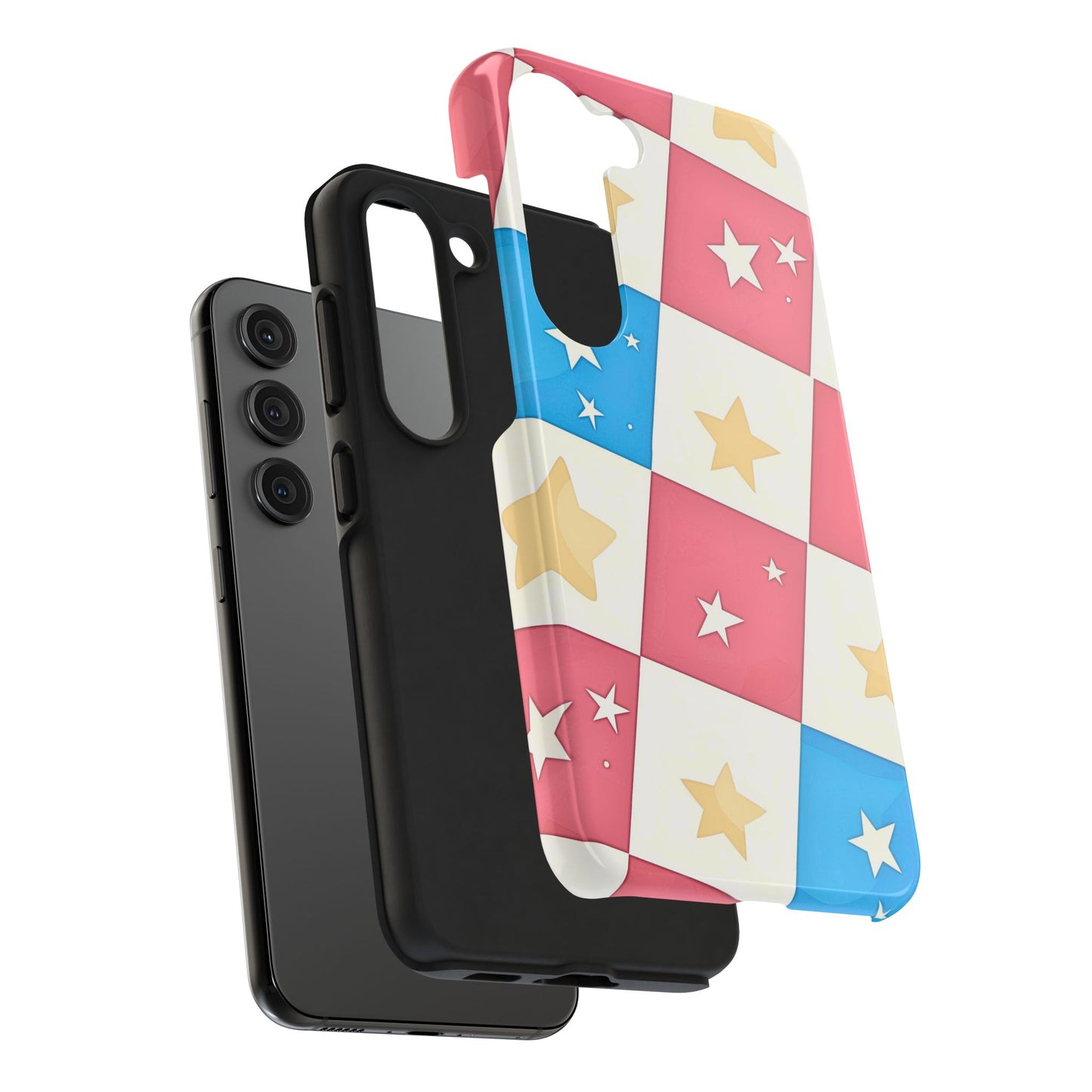 Preppy Checkered Pink & Blue Yellow Stars Tough Phone Case | Aesthetic