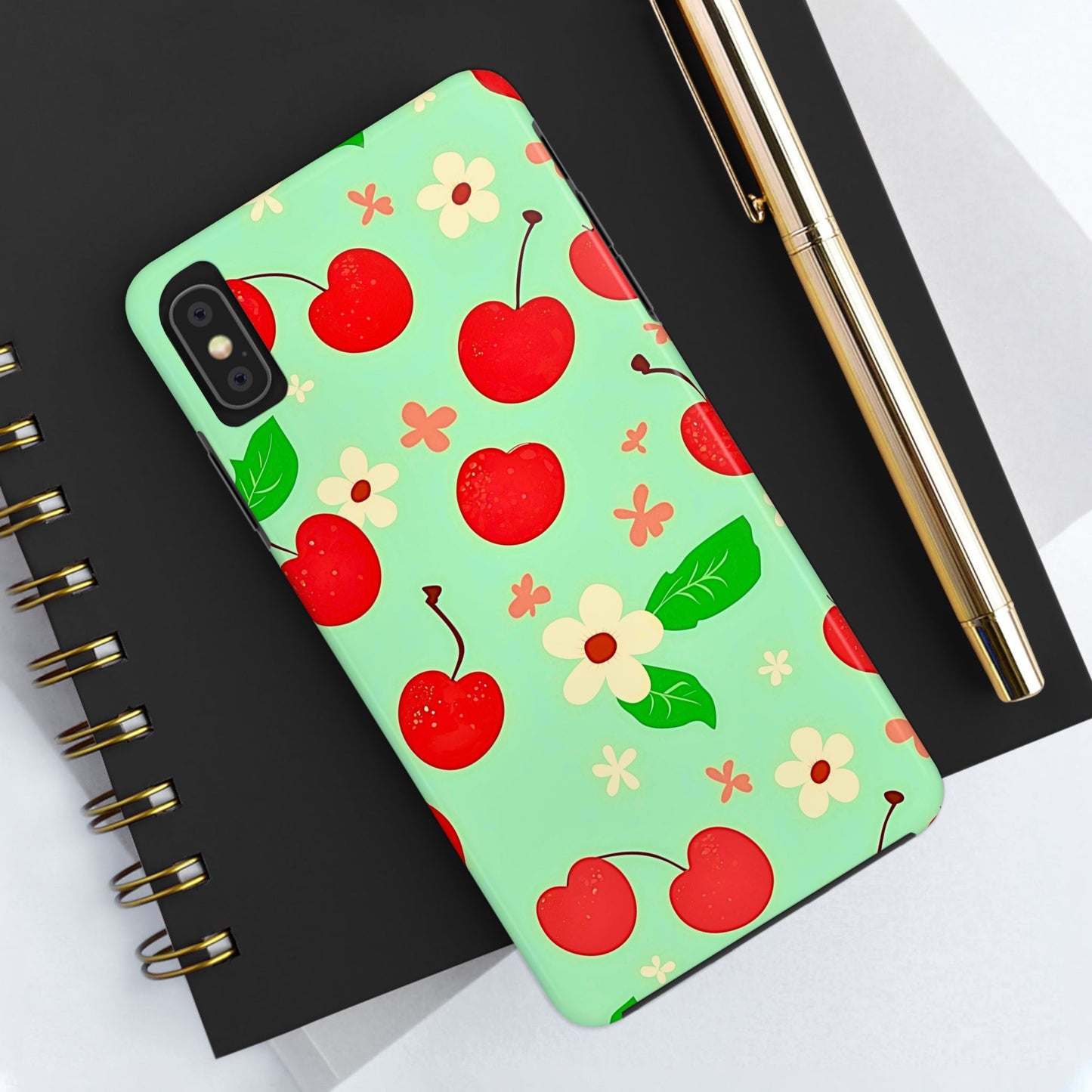 Cute Cherry Flower Pattern Mint Tough Phone Case | Aesthetic