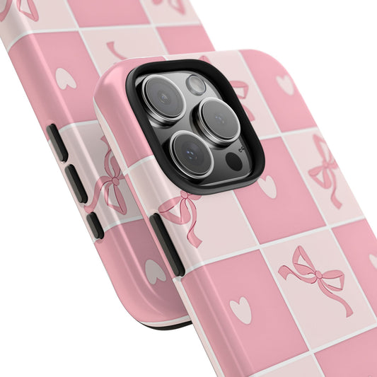 Girly Pink Bow and Heart Grid Pastel Tough Phone Case | Aesthetic