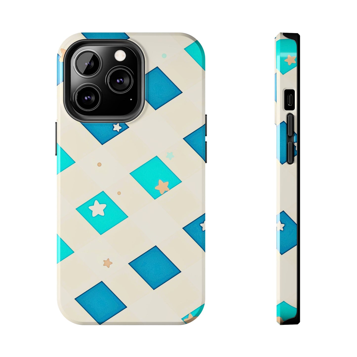 Modern Preppy Checkered Teal Stars Tough Phone Case | Aesthetic