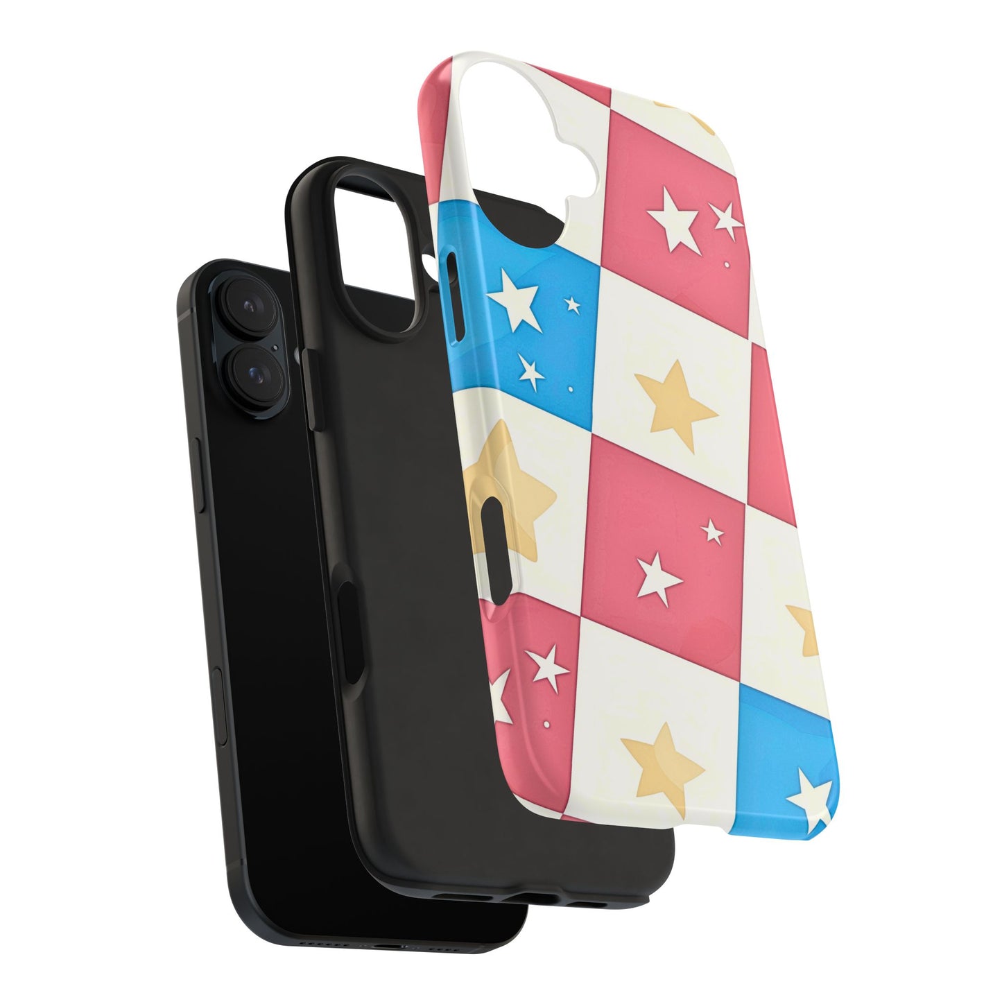 Preppy Checkered Pink & Blue Yellow Stars Tough Phone Case | Aesthetic
