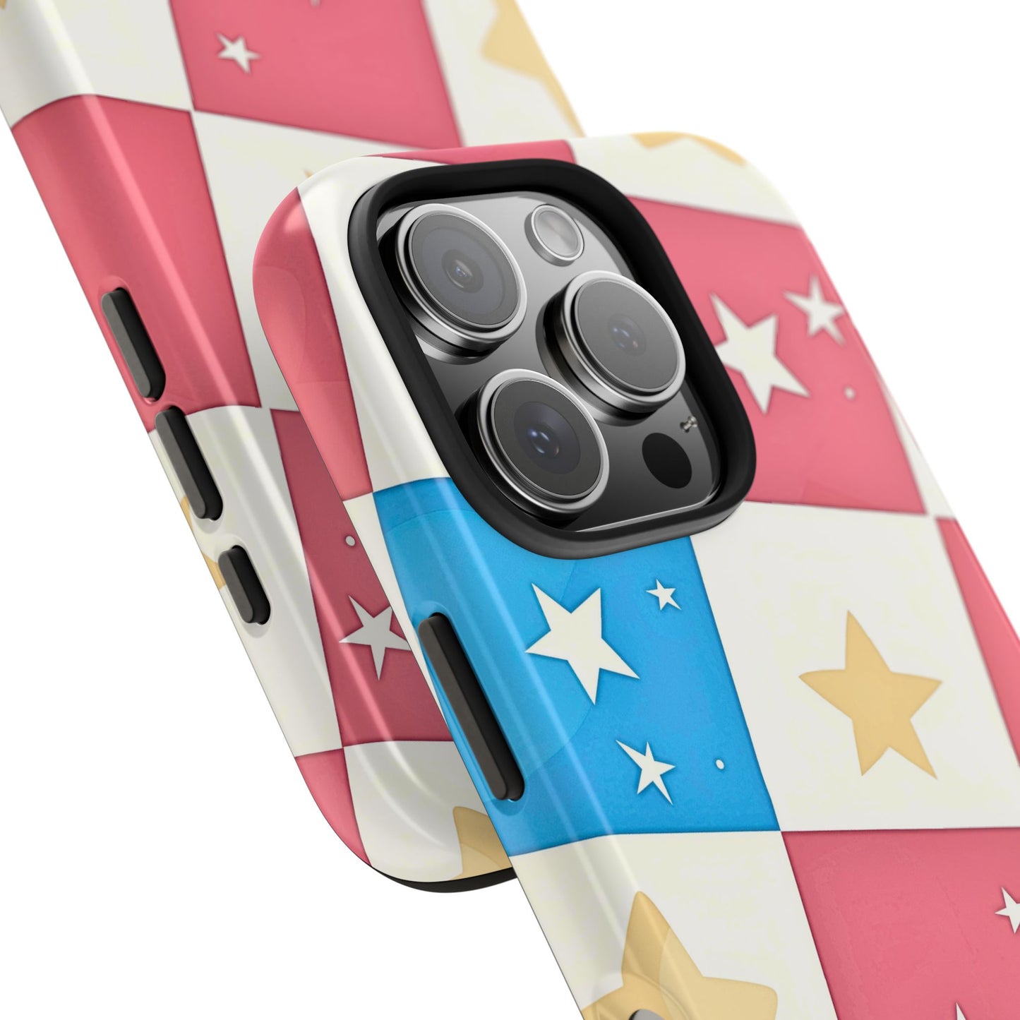 Preppy Checkered Pink & Blue Yellow Stars Tough Phone Case | Aesthetic