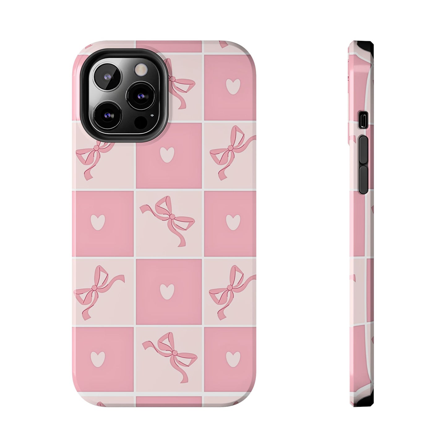 Girly Pink Bow and Heart Grid Pastel Tough Phone Case | Aesthetic