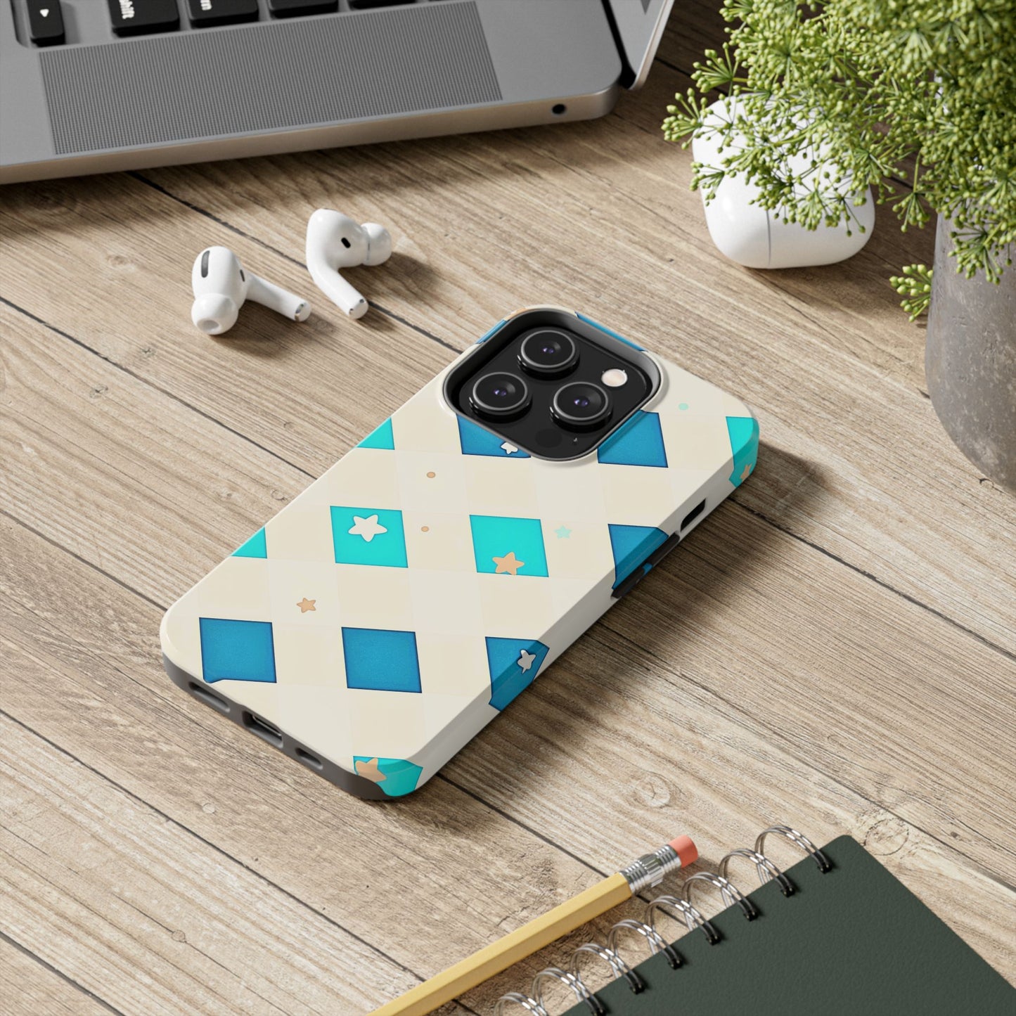 Modern Preppy Checkered Teal Stars Tough Phone Case | Aesthetic