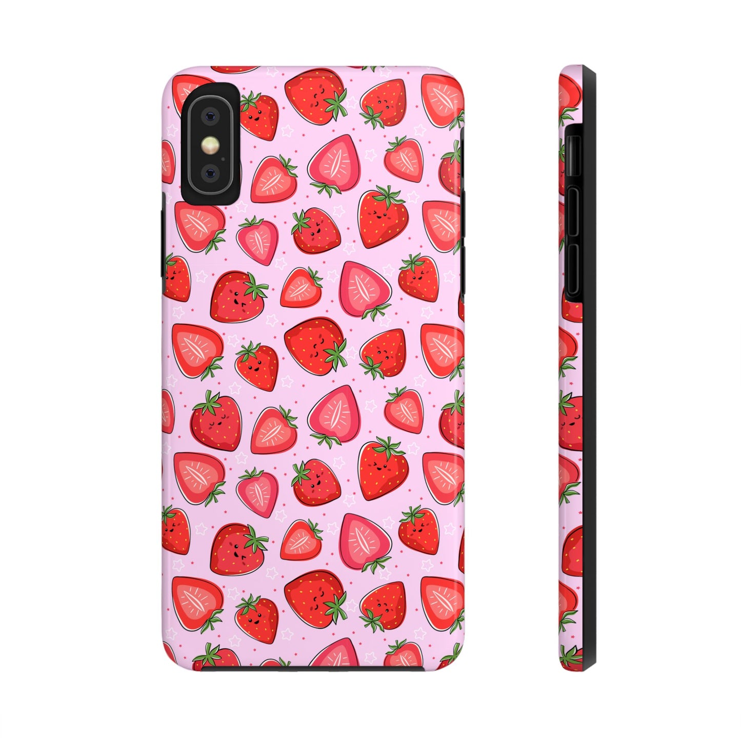 Kawaii Strawberry Cartoon Pattern Pink Aesthetic Tough Phone Case | Food