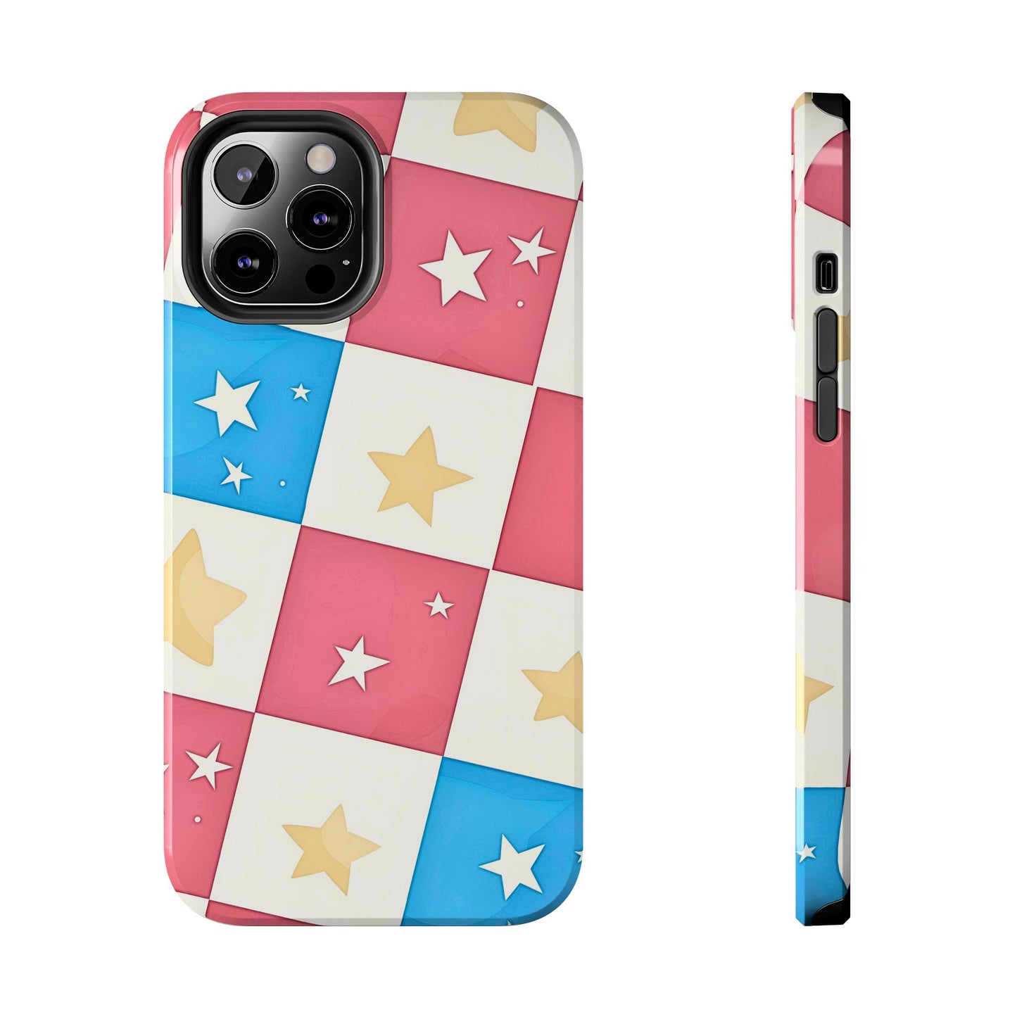 Preppy Checkered Pink & Blue Yellow Stars Tough Phone Case | Aesthetic