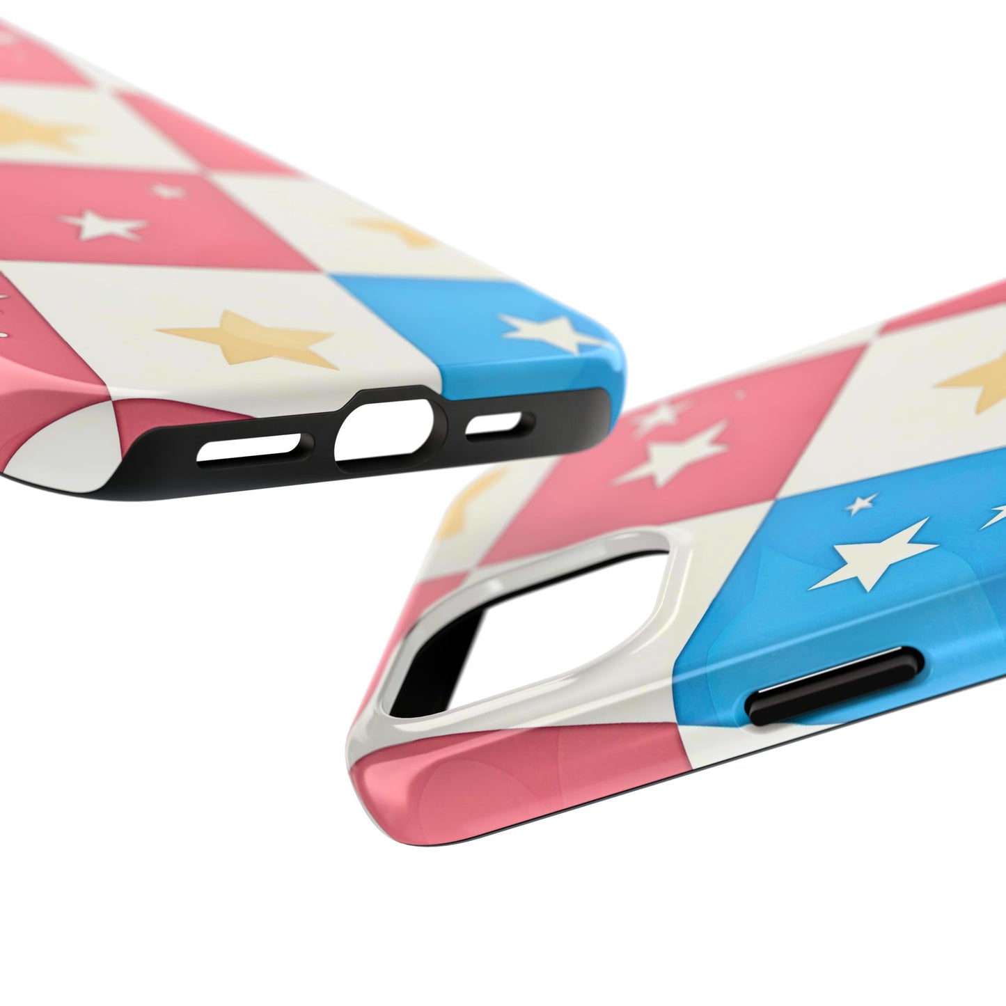 Preppy Checkered Pink & Blue Yellow Stars Tough Phone Case | Aesthetic