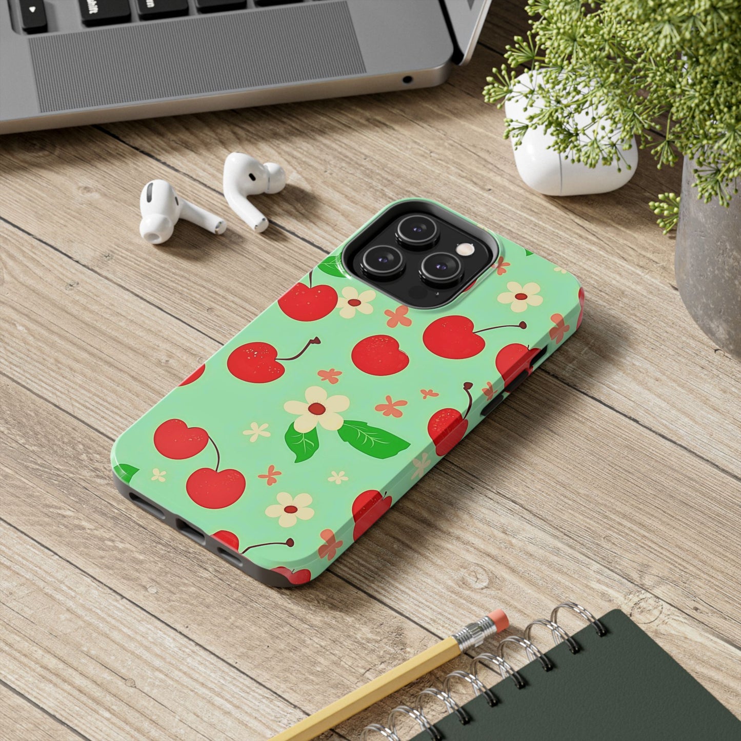 Cute Cherry Flower Pattern Mint Tough Phone Case | Aesthetic