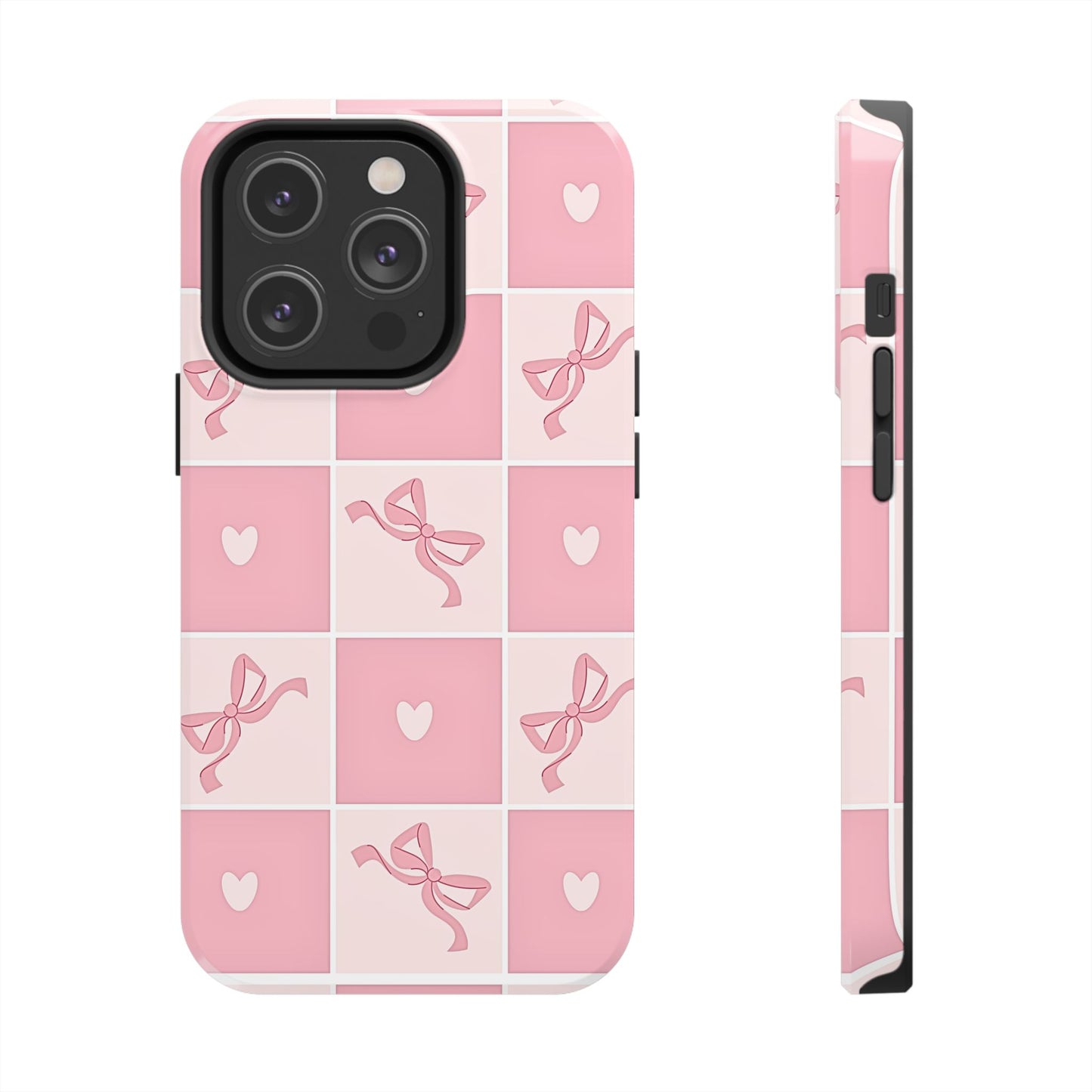 Girly Pink Bow and Heart Grid Pastel Tough Phone Case | Aesthetic