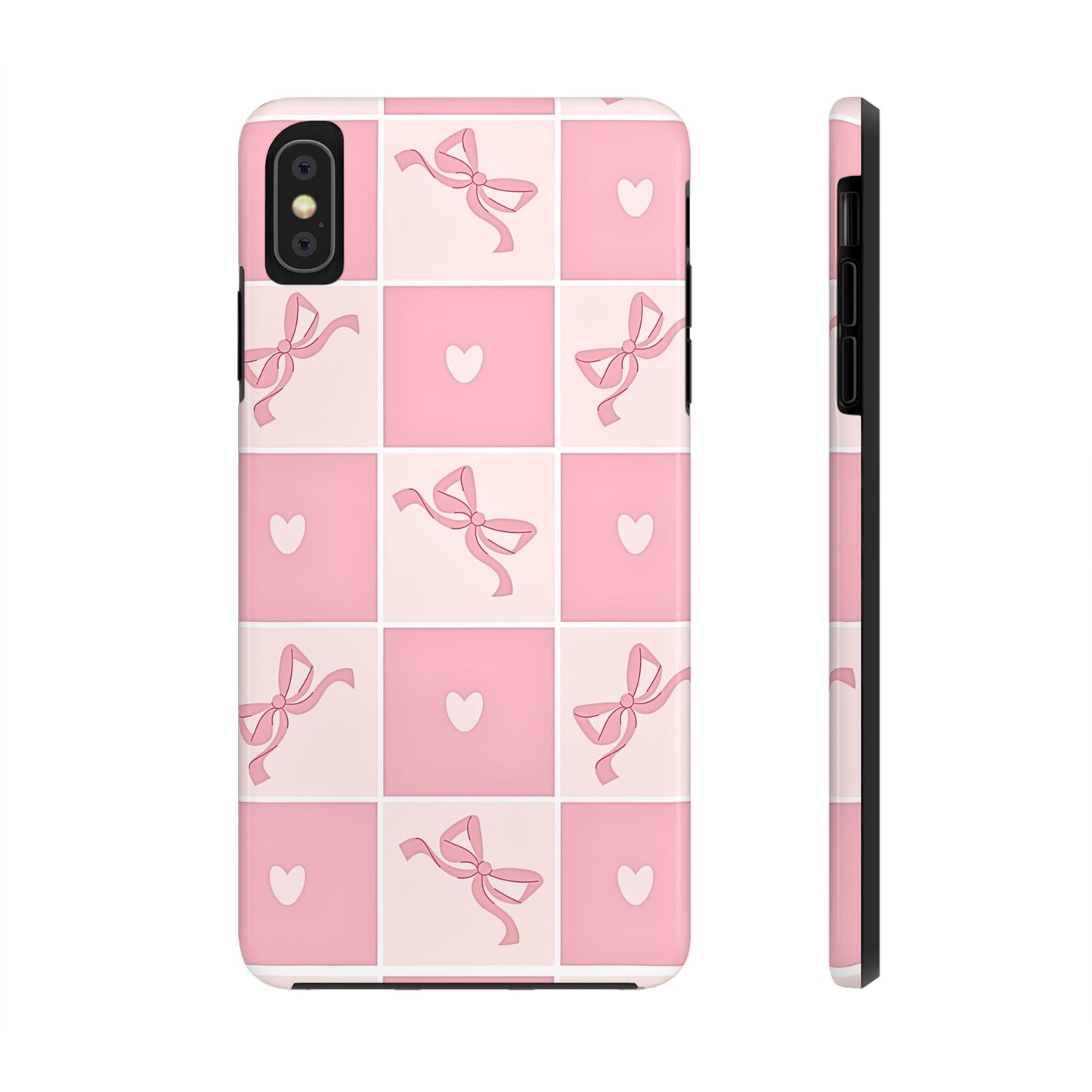 Girly Pink Bow and Heart Grid Pastel Tough Phone Case | Aesthetic