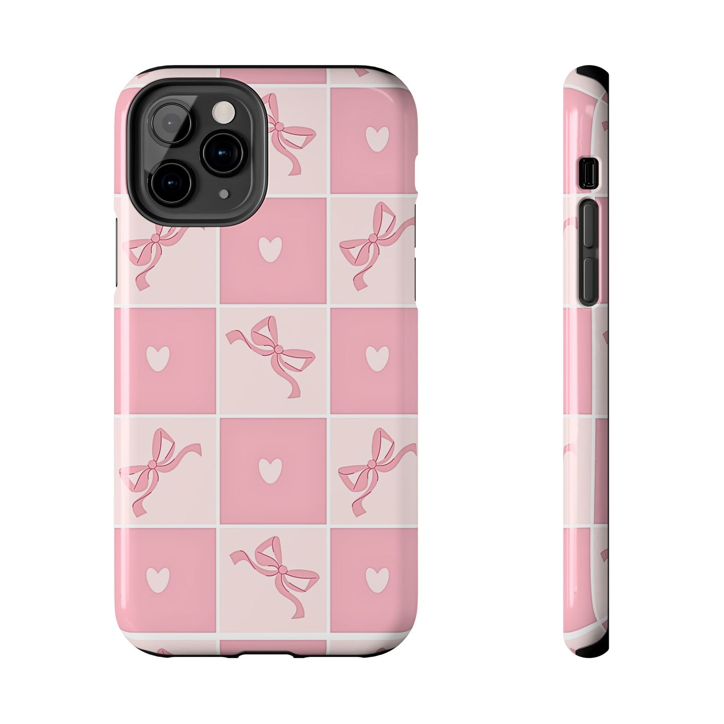 Girly Pink Bow and Heart Grid Pastel Tough Phone Case | Aesthetic