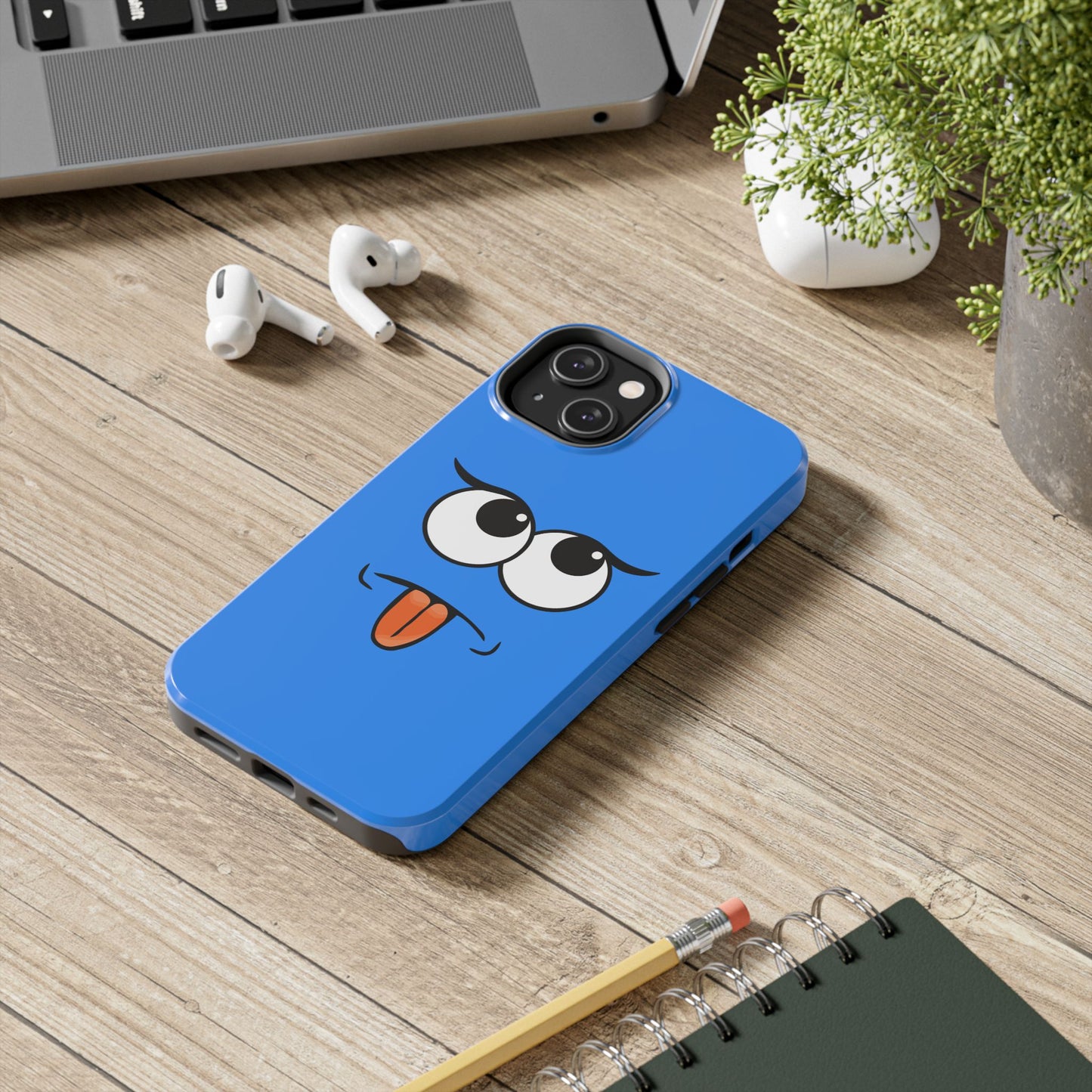 Silly Tongue Out Cartoon Face Blue Background Tough Phone Case | Funny