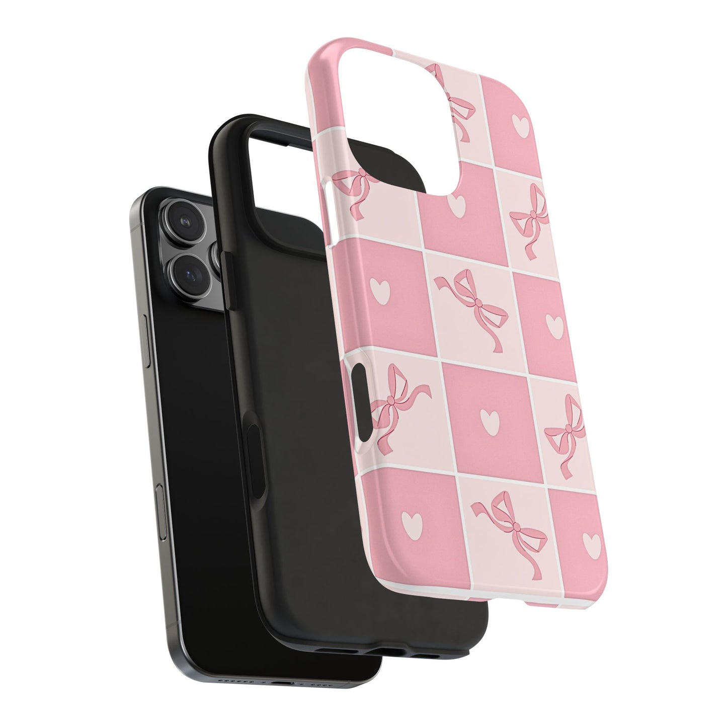 Girly Pink Bow and Heart Grid Pastel Tough Phone Case | Aesthetic