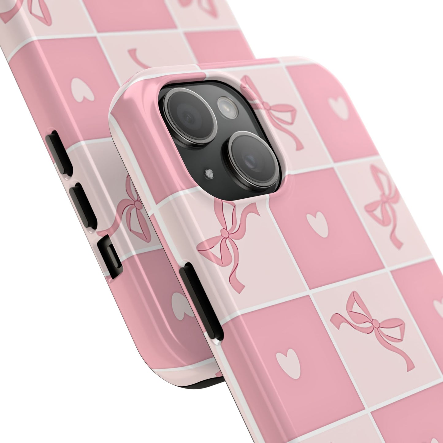 Girly Pink Bow and Heart Grid Pastel Tough Phone Case | Aesthetic