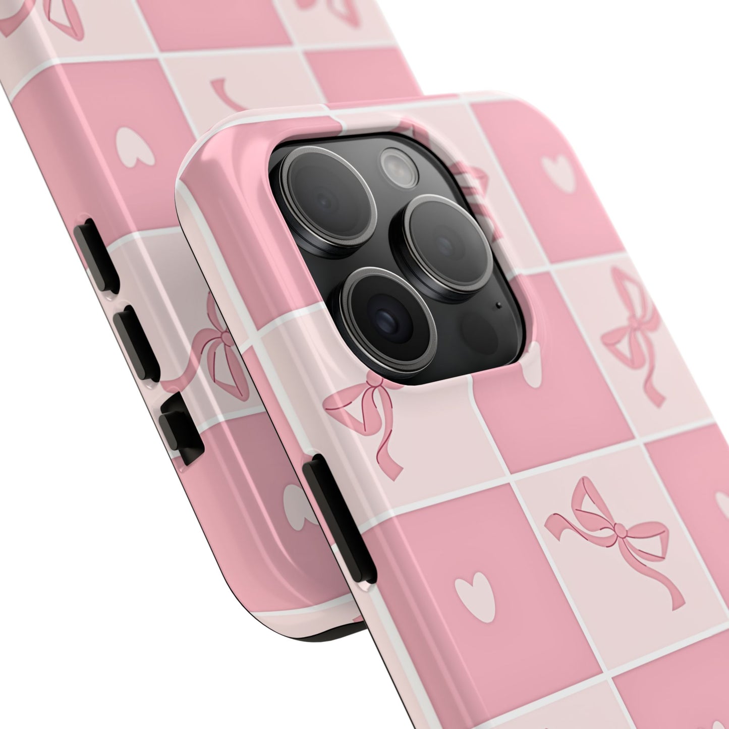Girly Pink Bow and Heart Grid Pastel Tough Phone Case | Aesthetic