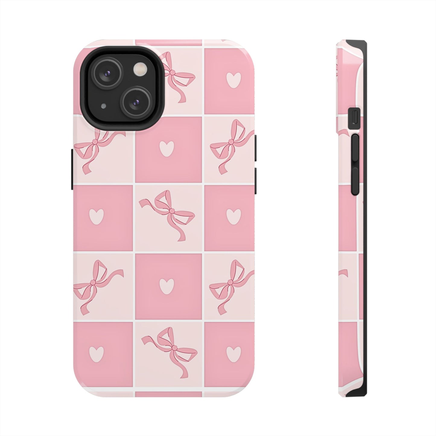 Girly Pink Bow and Heart Grid Pastel Tough Phone Case | Aesthetic