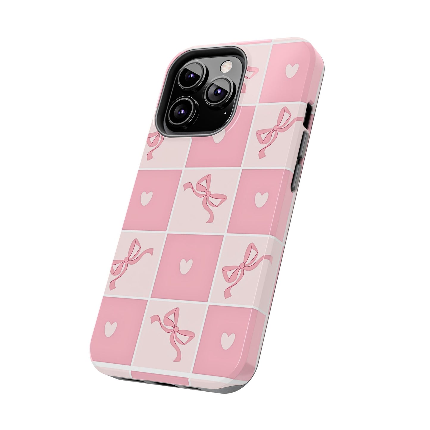 Girly Pink Bow and Heart Grid Pastel Tough Phone Case | Aesthetic