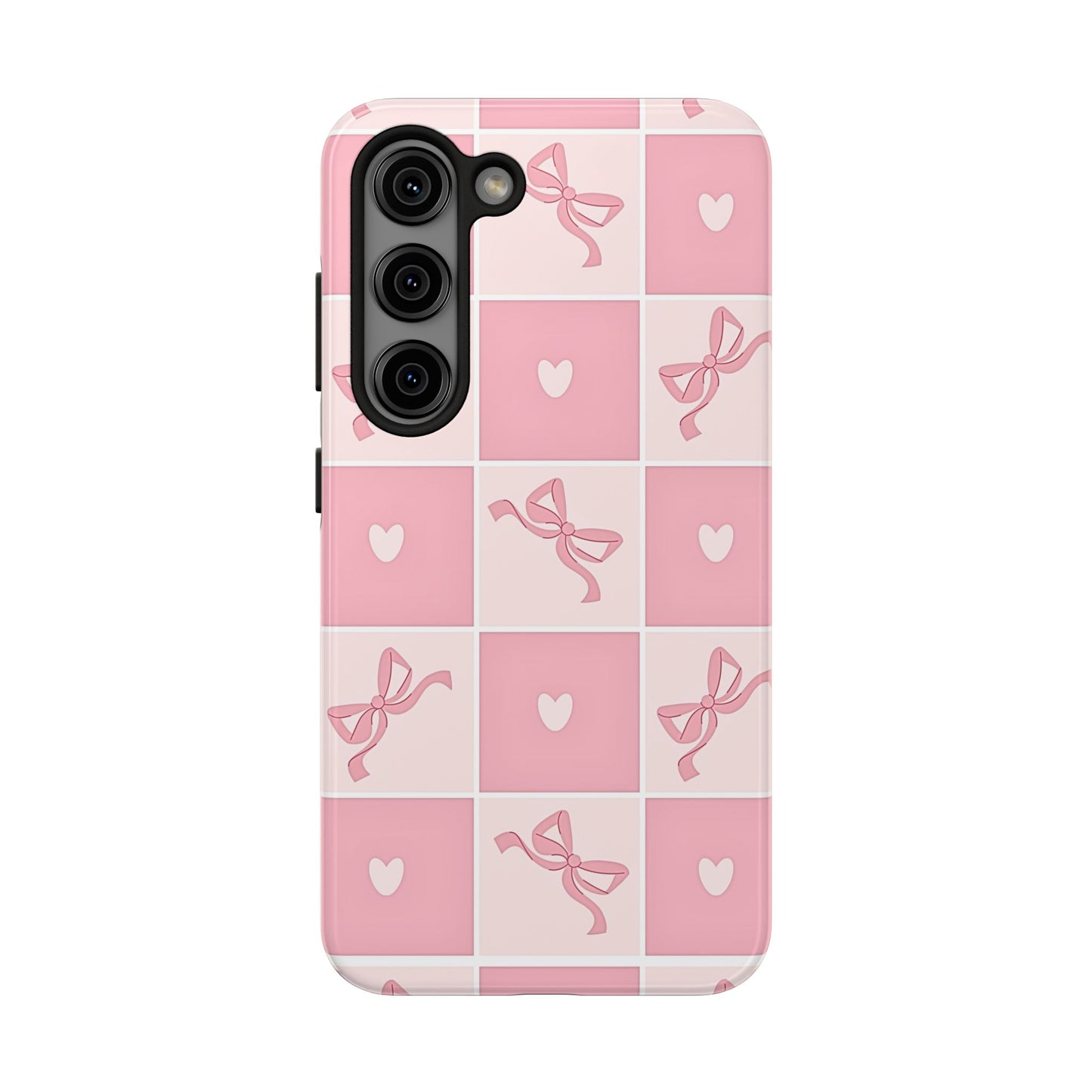 Girly Pink Bow and Heart Grid Pastel Tough Phone Case | Aesthetic