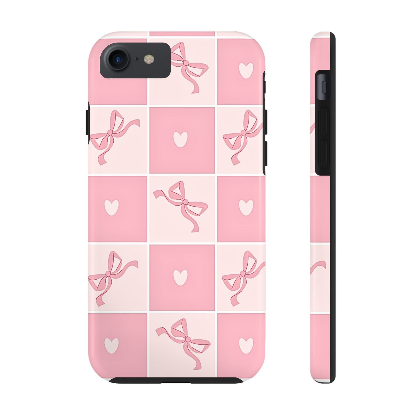 Girly Pink Bow and Heart Grid Pastel Tough Phone Case | Aesthetic
