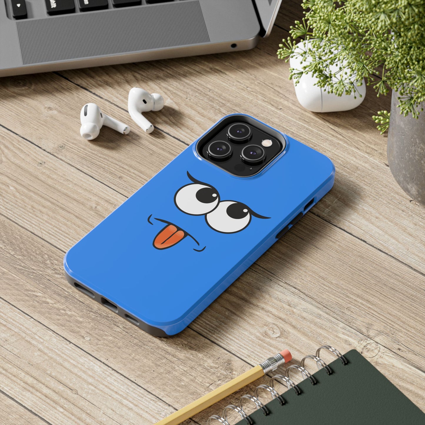 Silly Tongue Out Cartoon Face Blue Background Tough Phone Case | Funny