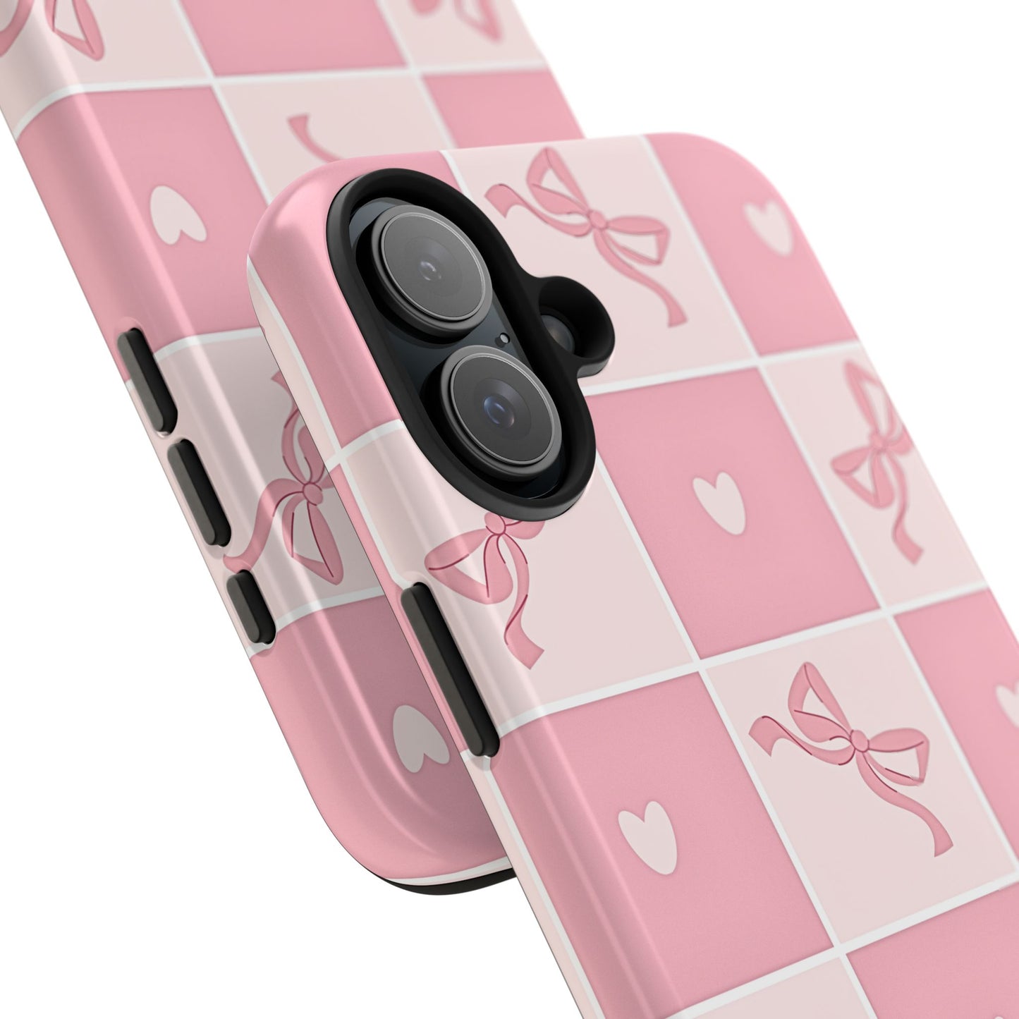 Girly Pink Bow and Heart Grid Pastel Tough Phone Case | Aesthetic